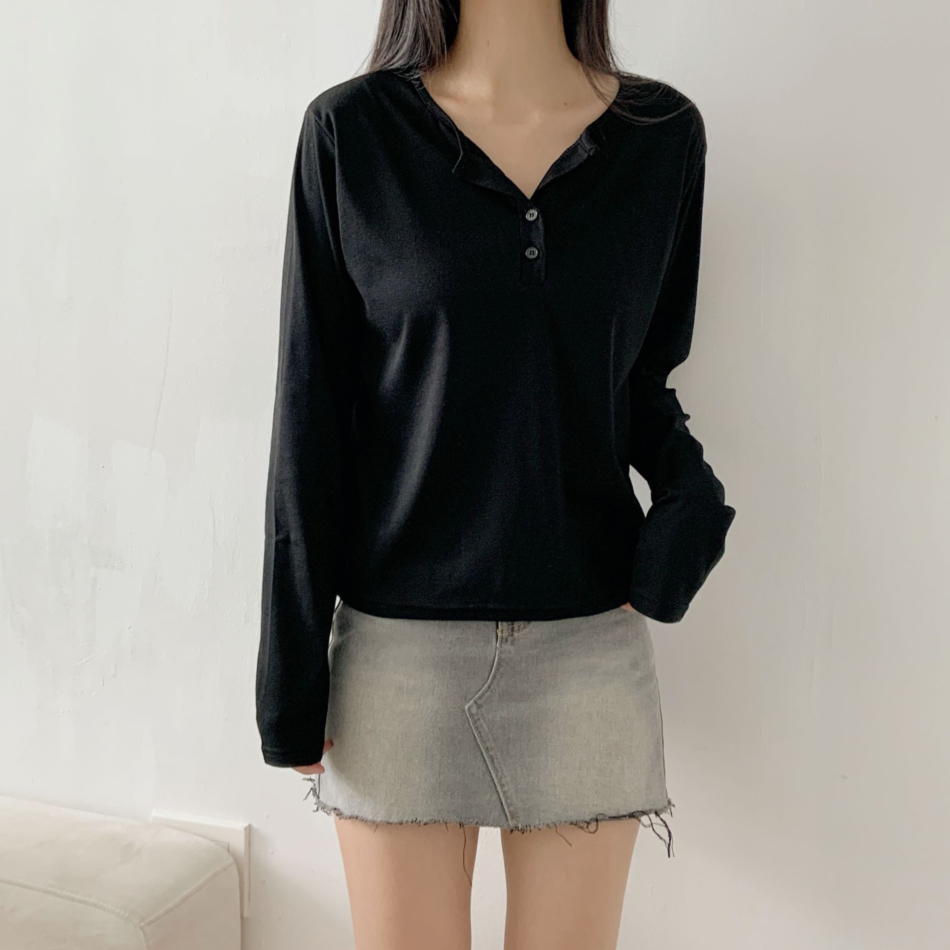 起毛裏地ボタンラウンドネックルーズ長袖Tシャツ | 詳細画像14