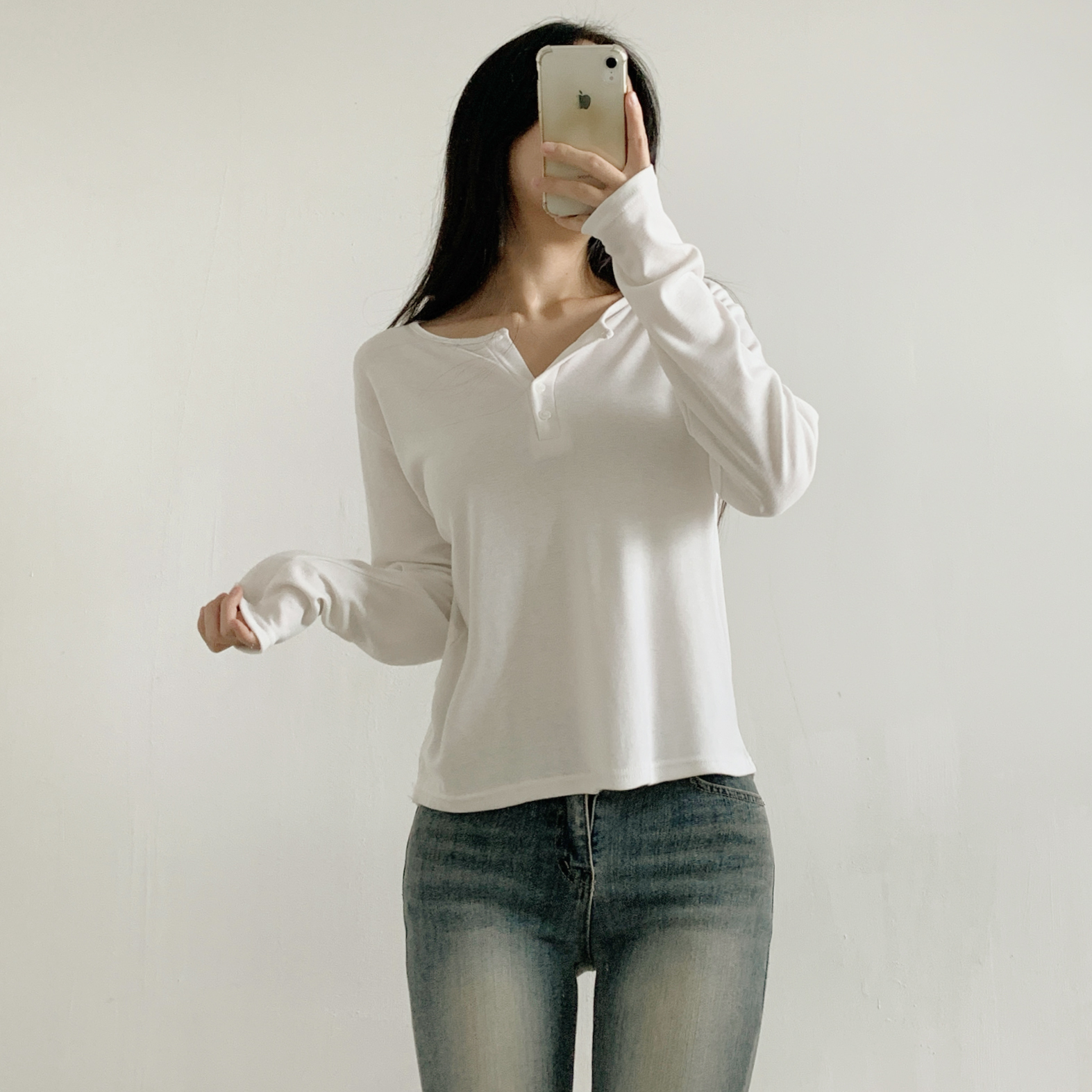 起毛裏地ボタンラウンドネックルーズ長袖Tシャツ | 詳細画像6