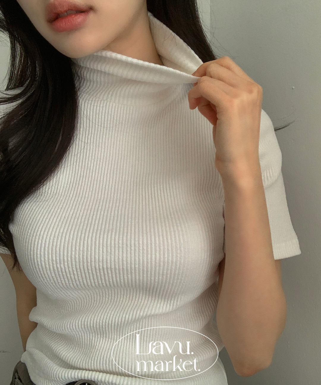 リブストレッチ半袖タートルネックスリムハイネックTシャツ