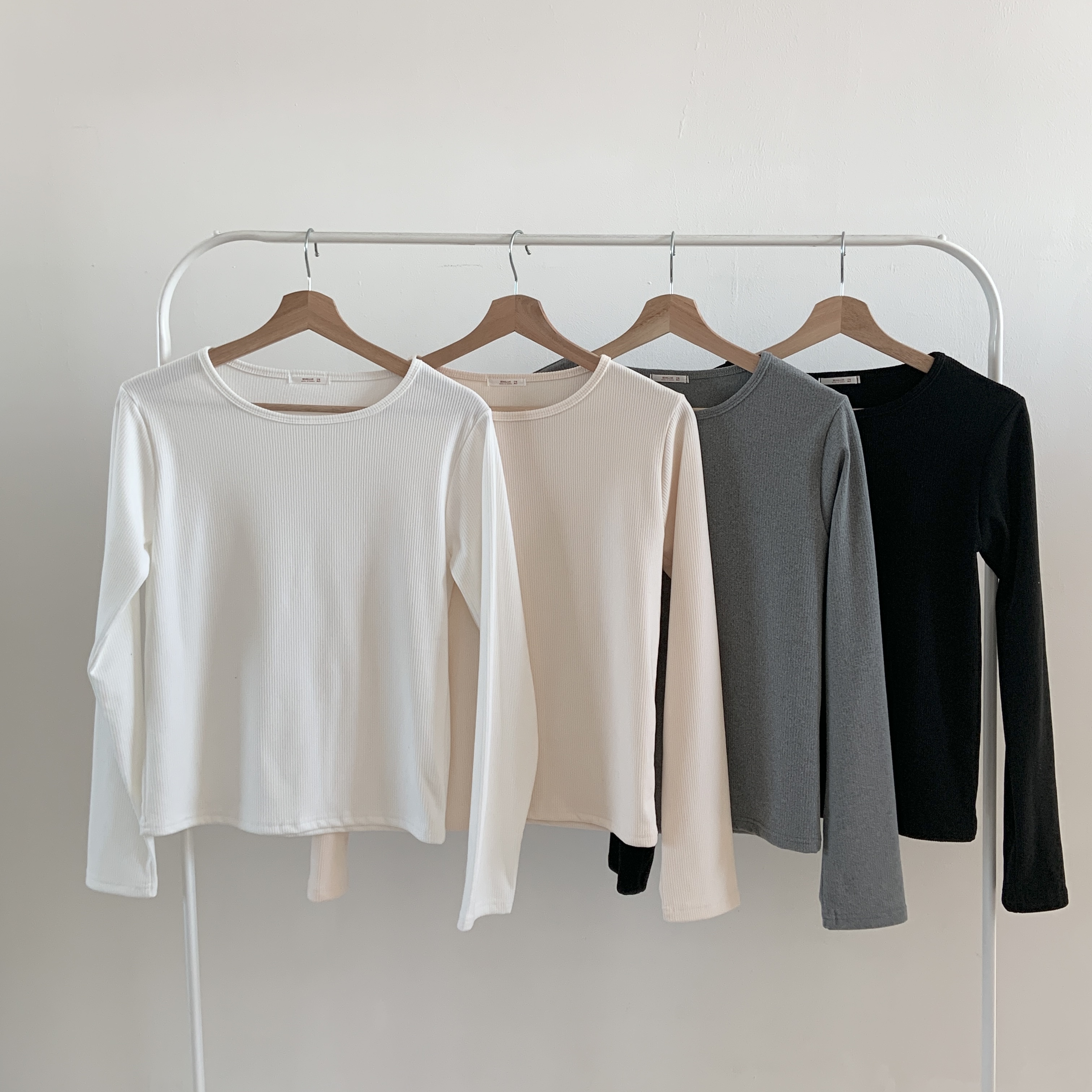 リブラウンドネックシンプルベーシック長袖カラーTシャツ | 詳細画像3