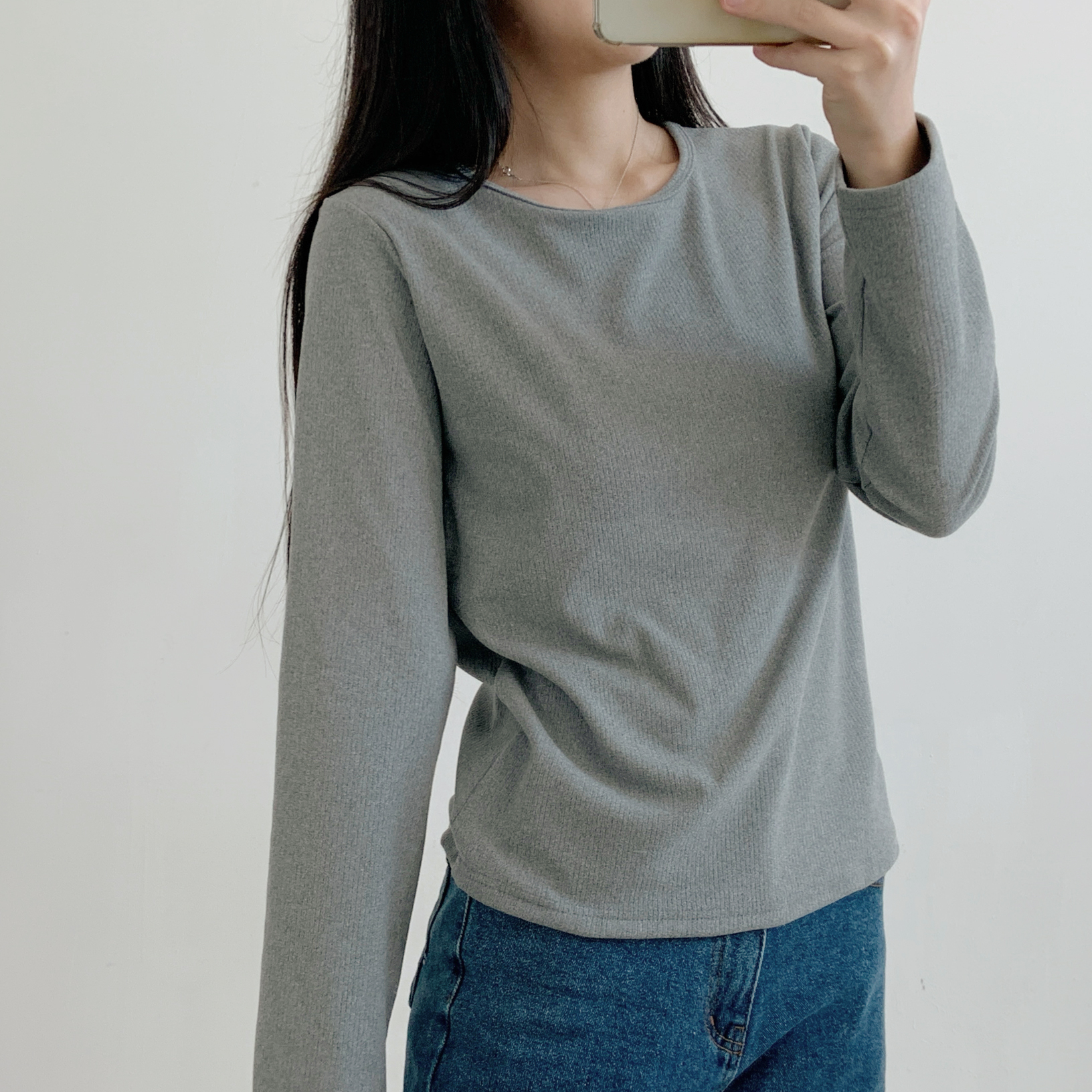 リブラウンドネックシンプルベーシック長袖カラーTシャツ | 詳細画像14