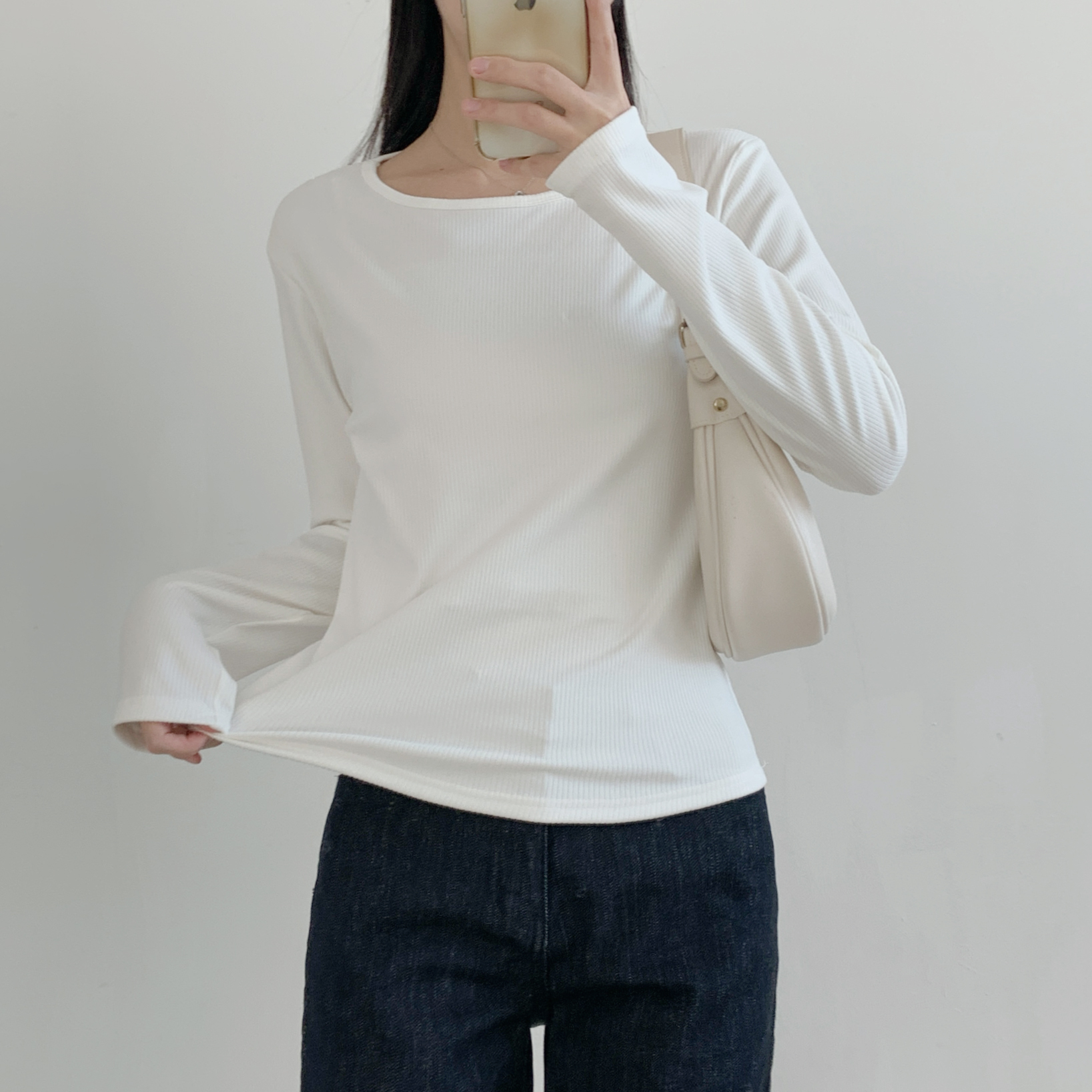 リブラウンドネックシンプルベーシック長袖カラーTシャツ | 詳細画像2