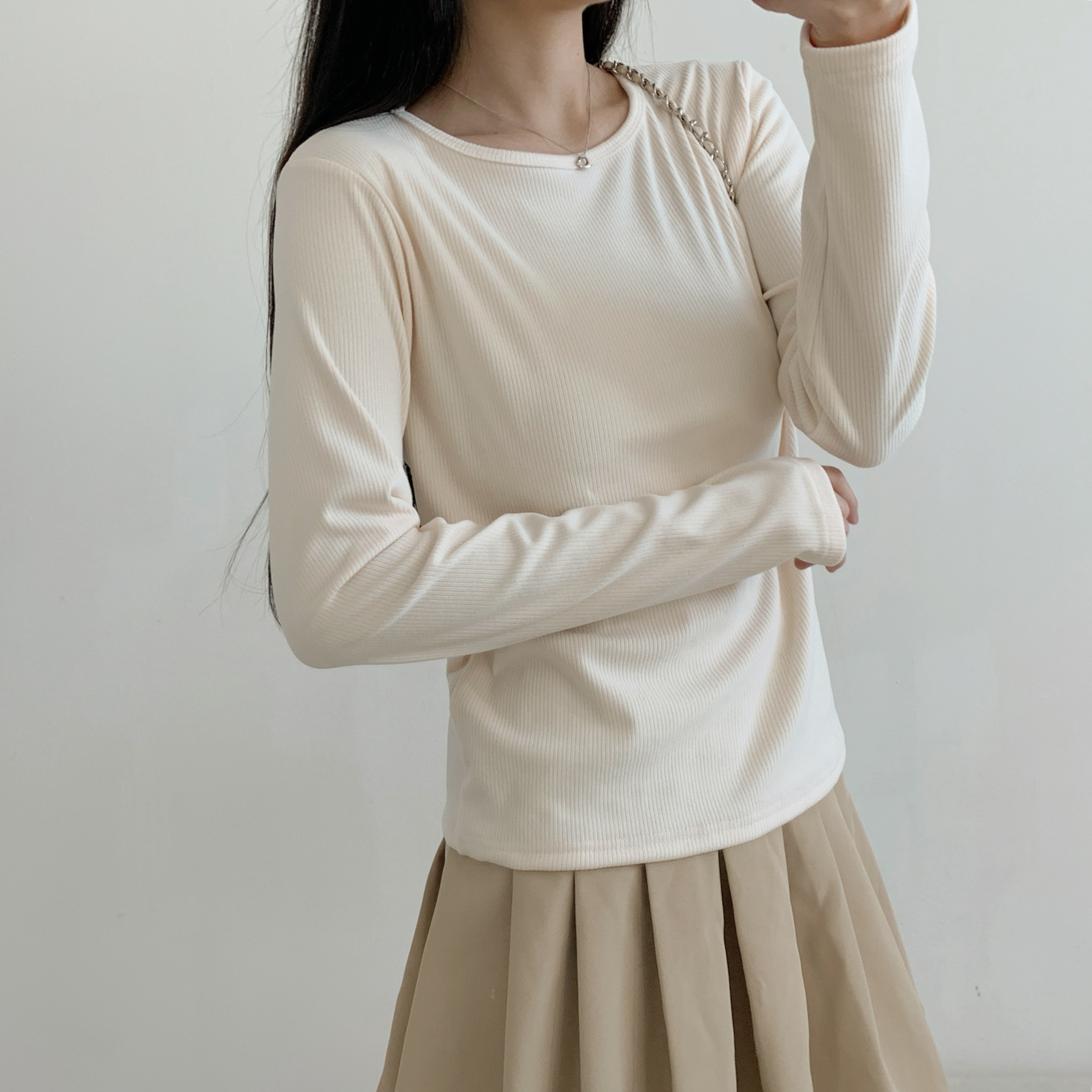 リブラウンドネックシンプルベーシック長袖カラーTシャツ | 詳細画像9