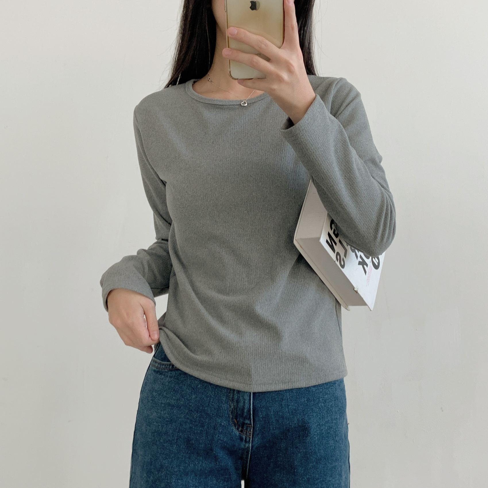 リブラウンドネックシンプルベーシック長袖カラーTシャツ | 詳細画像12