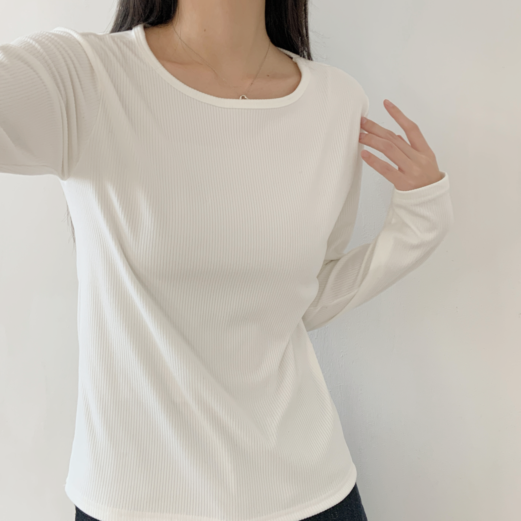 リブラウンドネックシンプルベーシック長袖カラーTシャツ | 詳細画像5