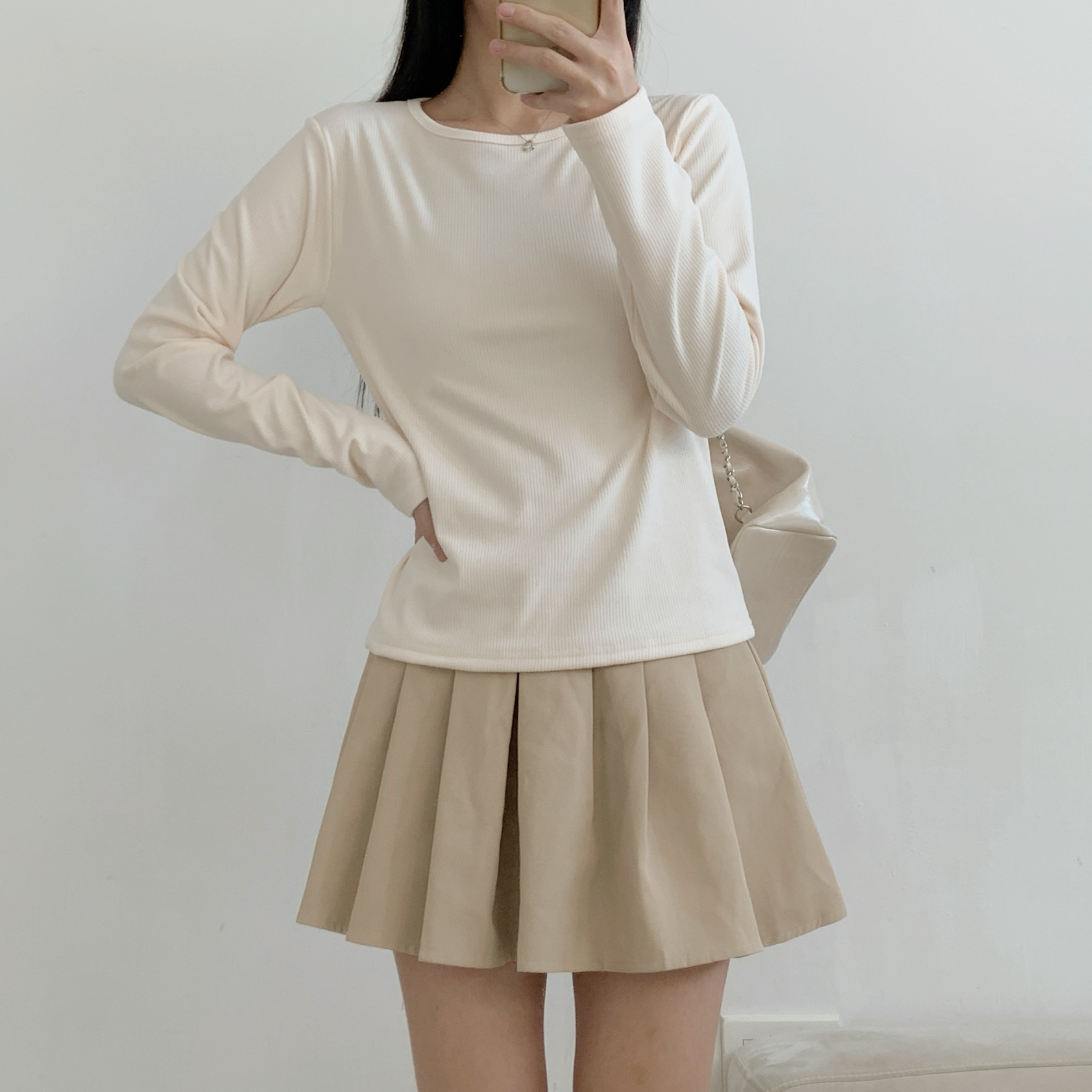 リブラウンドネックシンプルベーシック長袖カラーTシャツ | 詳細画像10