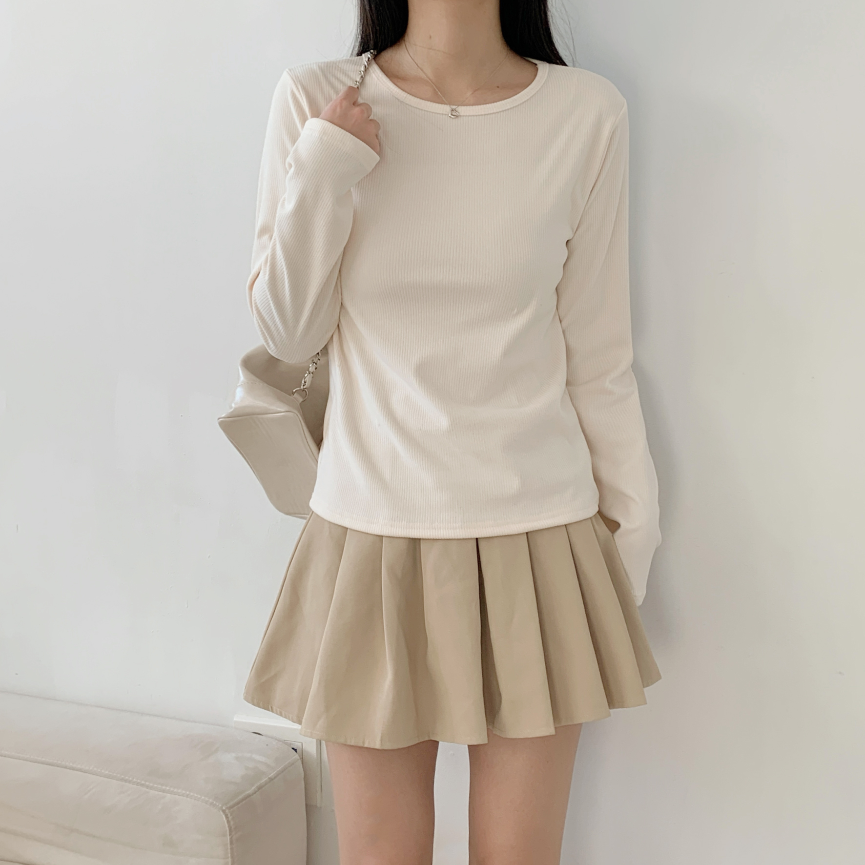 リブラウンドネックシンプルベーシック長袖カラーTシャツ | 詳細画像11