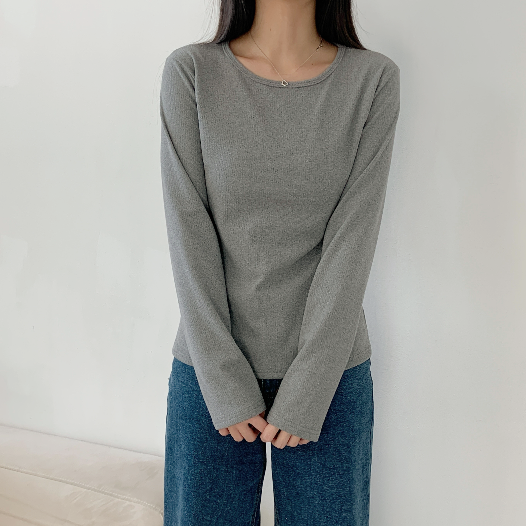 リブラウンドネックシンプルベーシック長袖カラーTシャツ | 詳細画像13