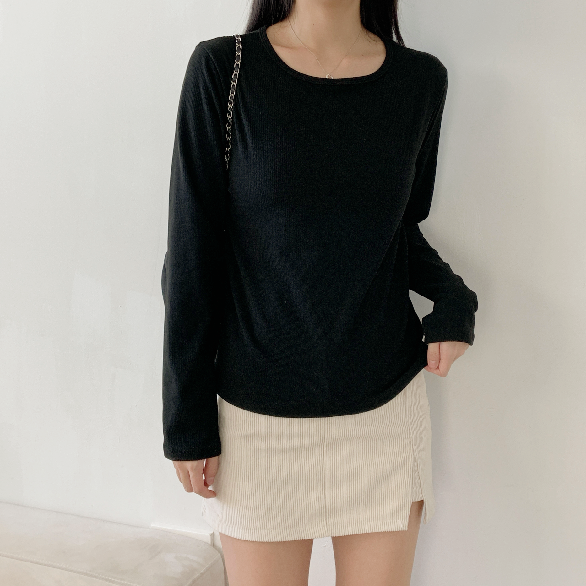 リブラウンドネックシンプルベーシック長袖カラーTシャツ | 詳細画像19