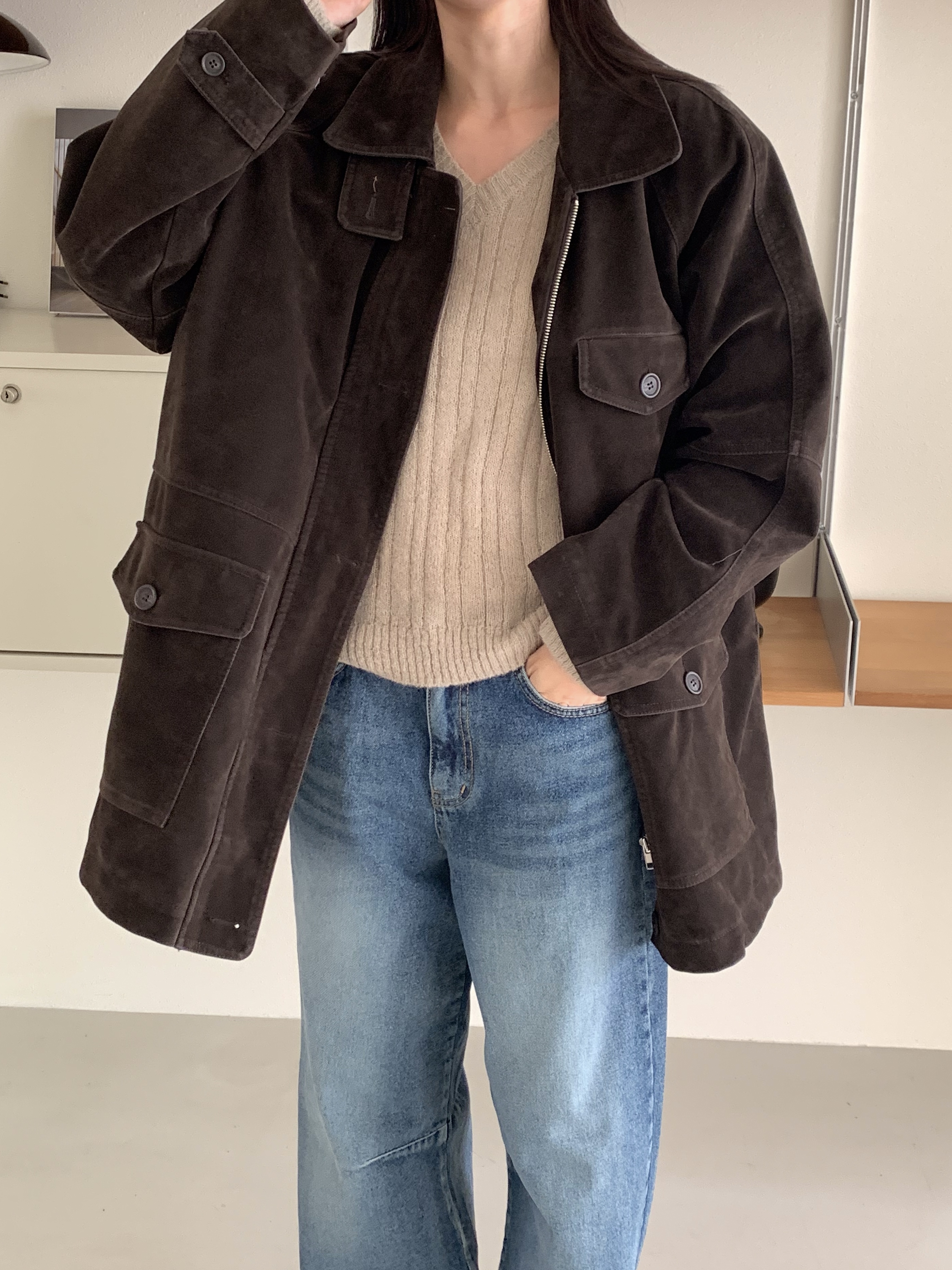 キルティングボタンジップアップカラーオーバーサイズジャケット | 詳細画像4