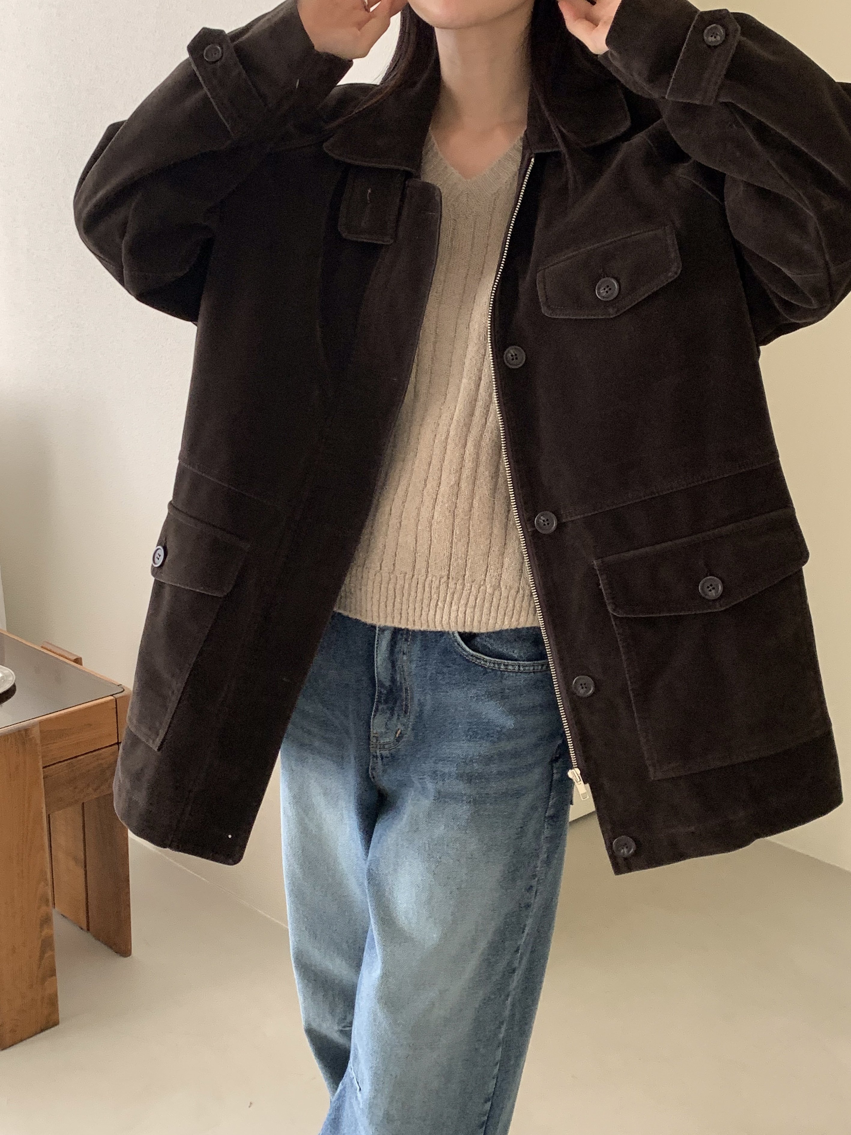 キルティングボタンジップアップカラーオーバーサイズジャケット | 詳細画像9