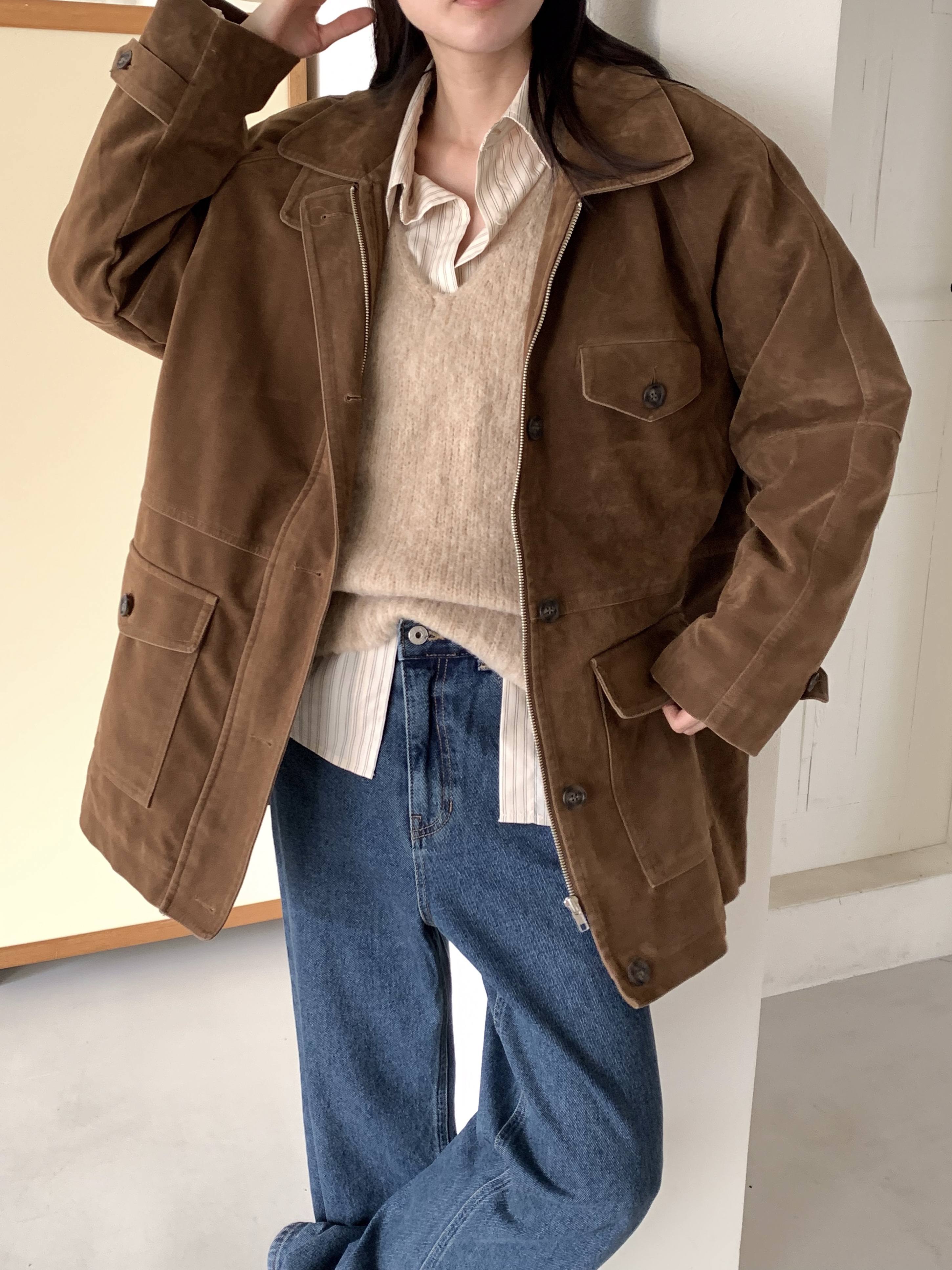 キルティングボタンジップアップカラーオーバーサイズジャケット | 詳細画像15