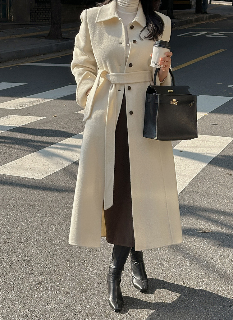 ベルト付ウール混カシミヤ混カラー長袖ロングボタンコート