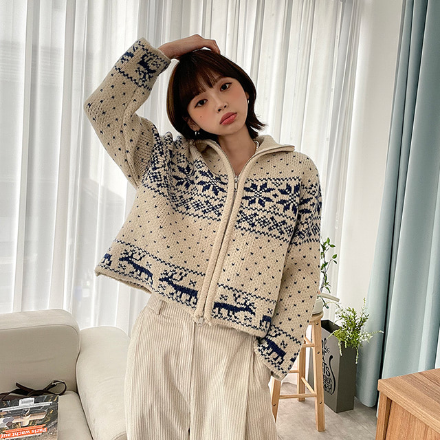 ダブルジップハイネッククロップドノルディックカラーカーディガン