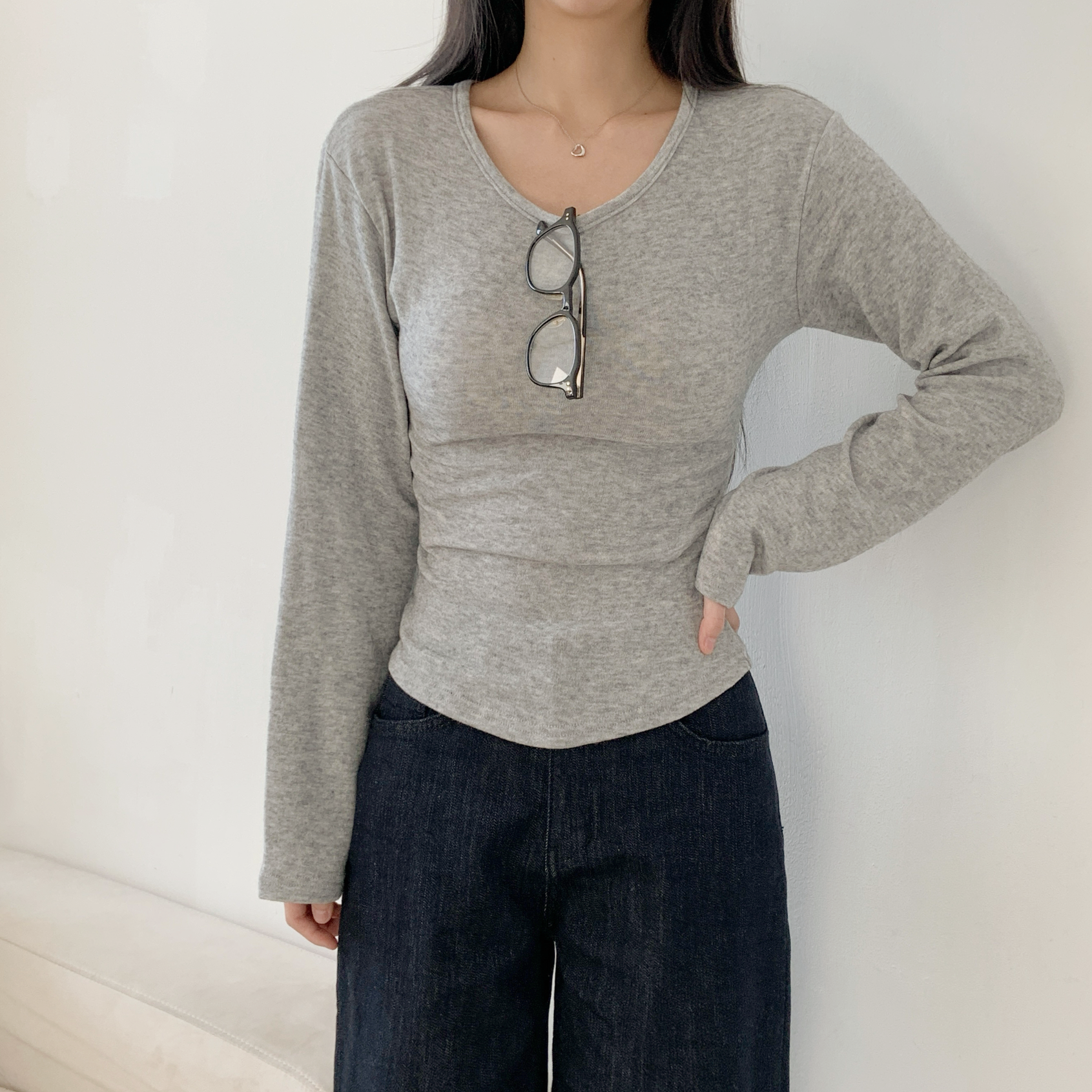 ウール混アンゴラ混Uネックシンプルベーシックスリム長袖無地Tシャツ | 詳細画像6