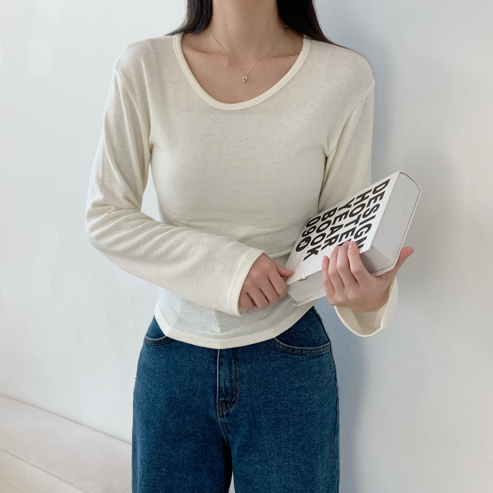 ウール混アンゴラ混Uネックシンプルベーシックスリム長袖無地Tシャツ | 詳細画像14