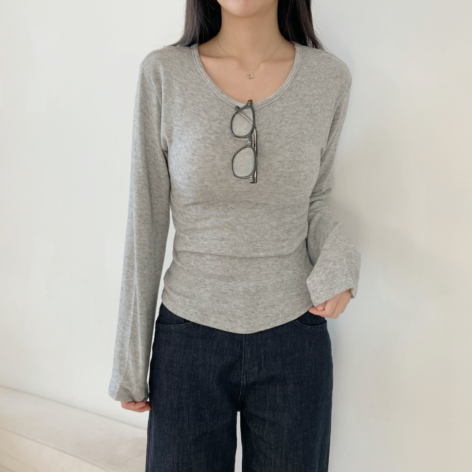 ウール混アンゴラ混Uネックシンプルベーシックスリム長袖無地Tシャツ | 詳細画像2