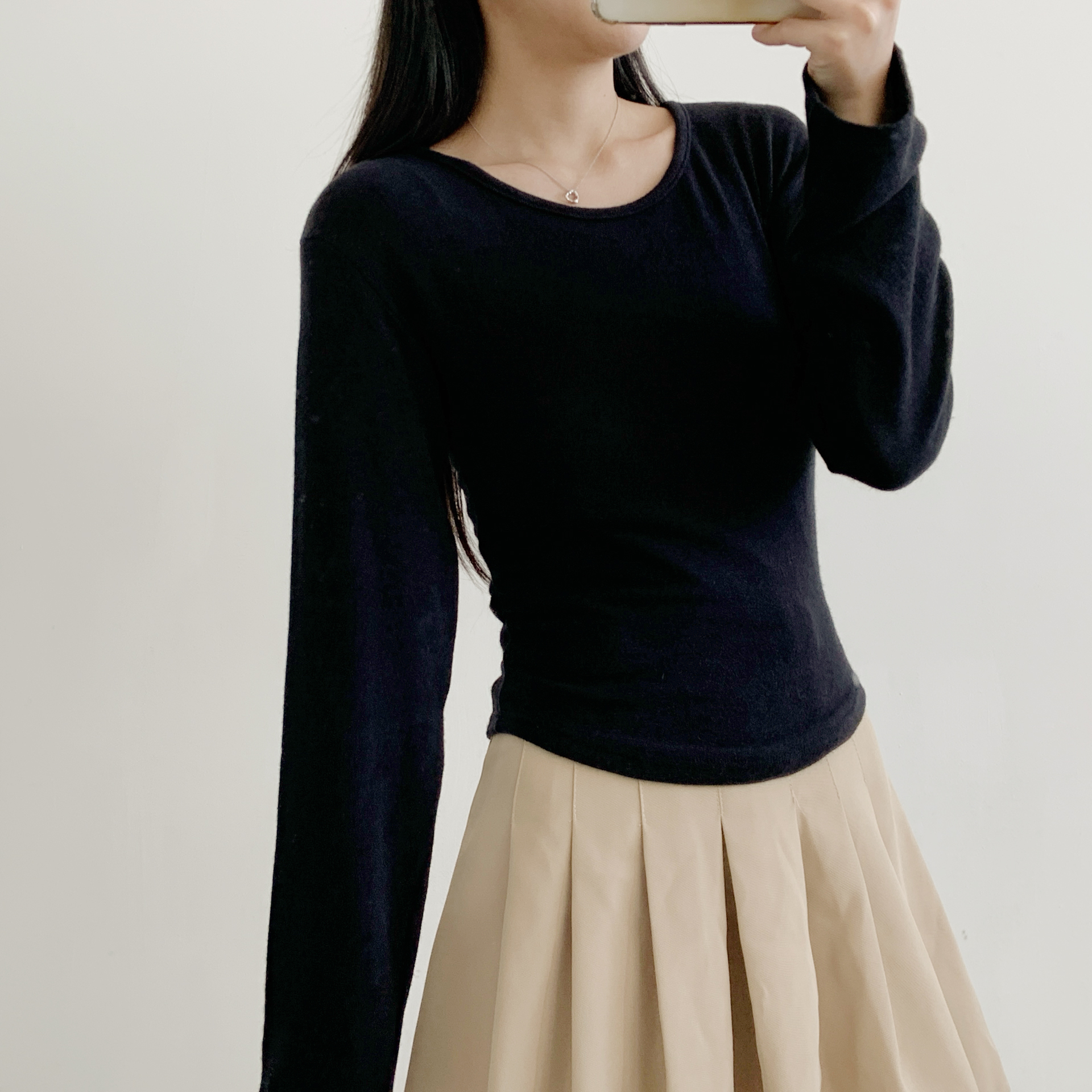 ウール混アンゴラ混Uネックシンプルベーシックスリム長袖無地Tシャツ | 詳細画像19