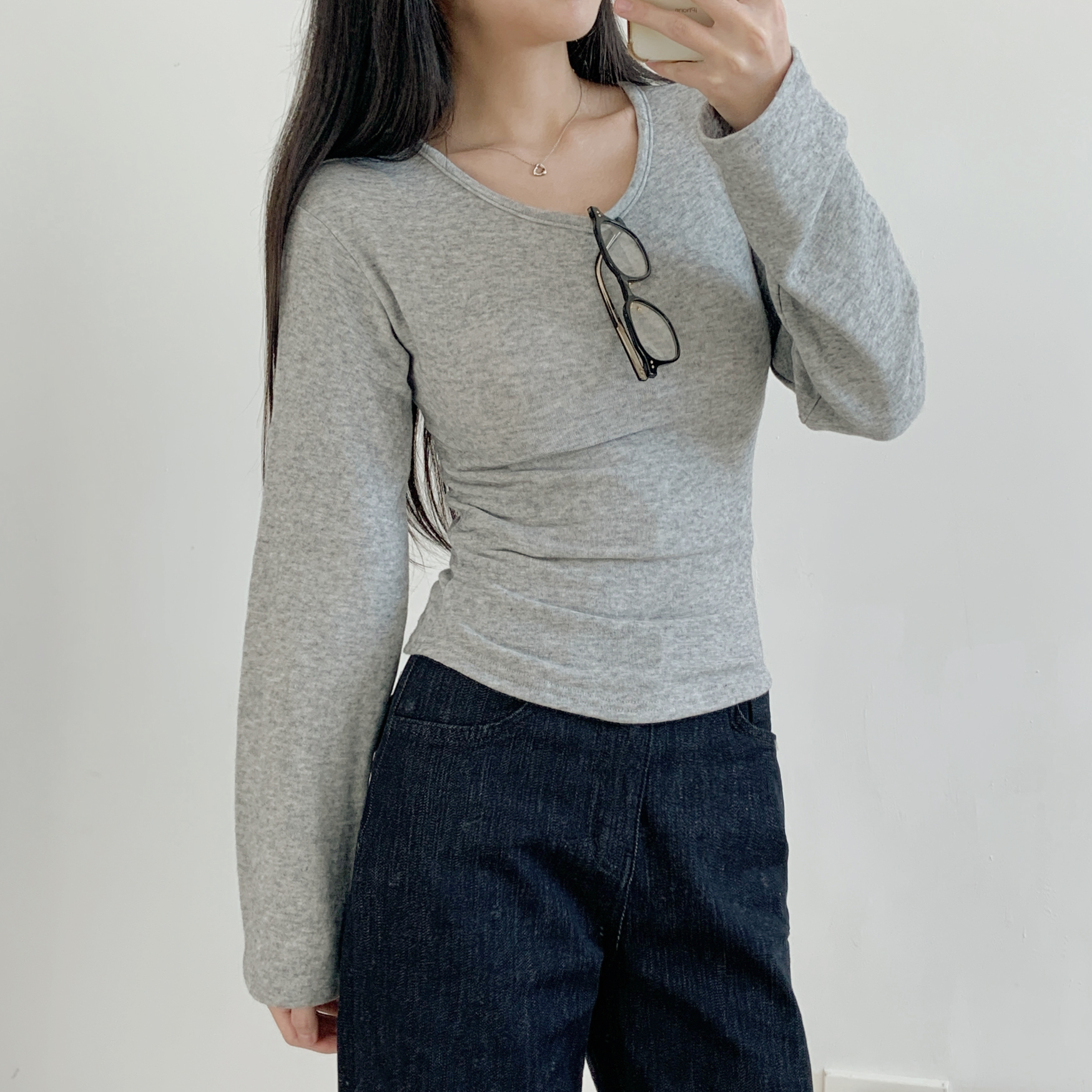 ウール混アンゴラ混Uネックシンプルベーシックスリム長袖無地Tシャツ | 詳細画像8