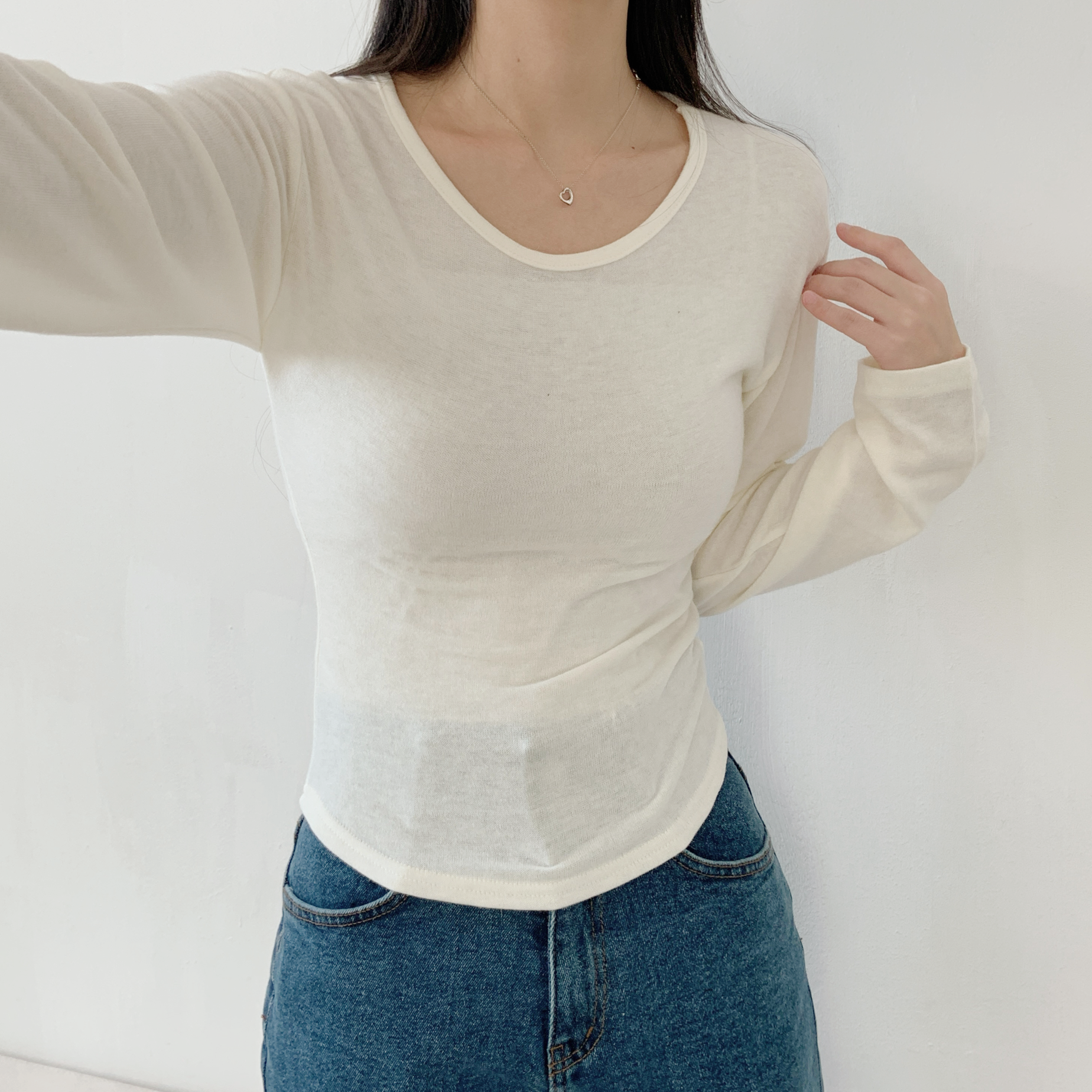 ウール混アンゴラ混Uネックシンプルベーシックスリム長袖無地Tシャツ | 詳細画像11