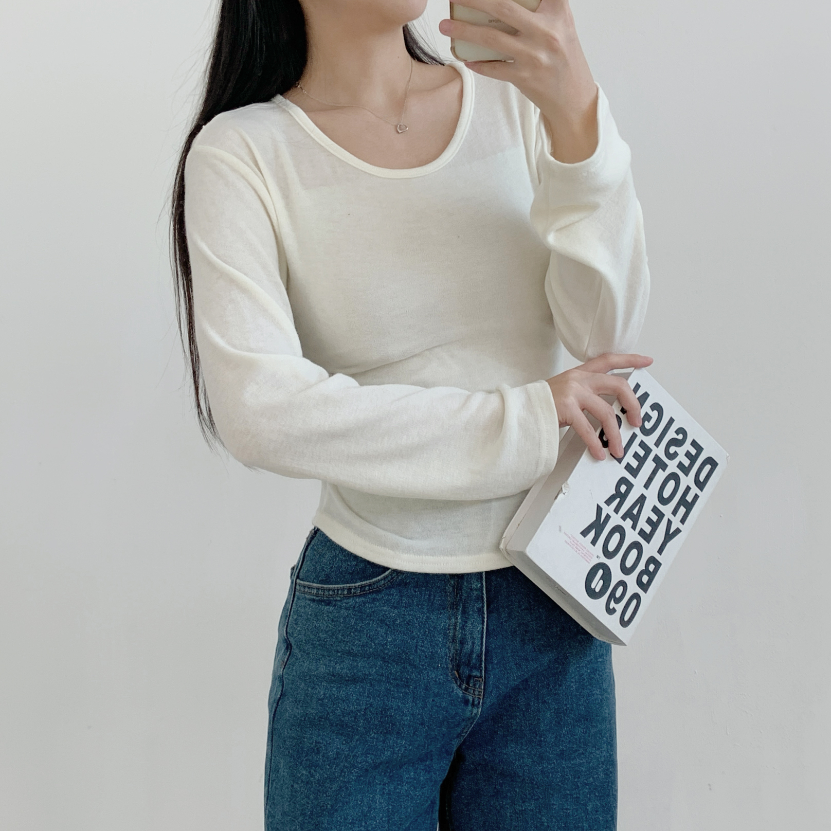 ウール混アンゴラ混Uネックシンプルベーシックスリム長袖無地Tシャツ | 詳細画像12