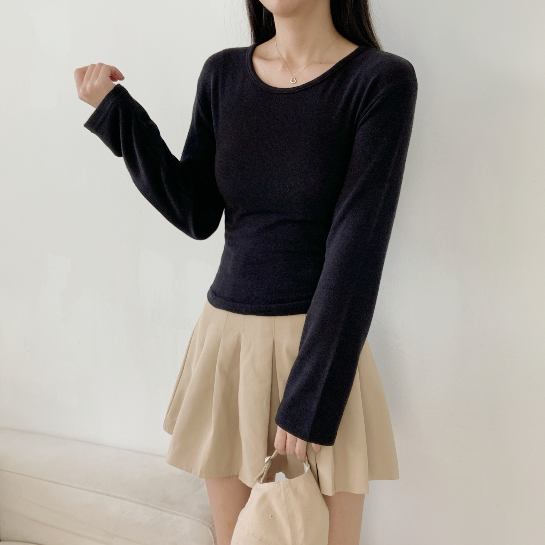 ウール混アンゴラ混Uネックシンプルベーシックスリム長袖無地Tシャツ | 詳細画像20