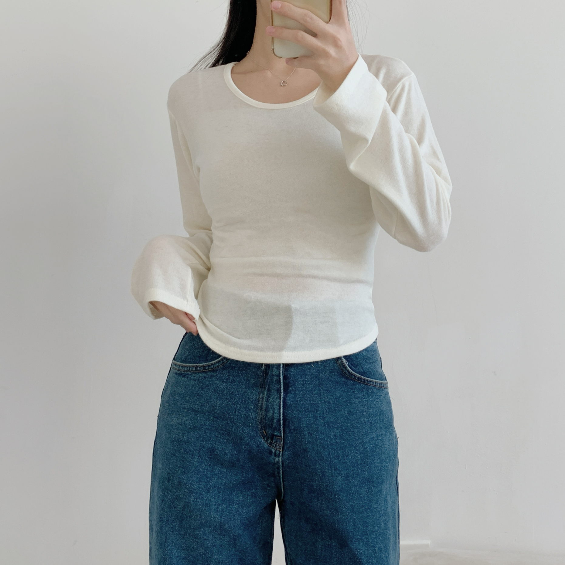 ウール混アンゴラ混Uネックシンプルベーシックスリム長袖無地Tシャツ | 詳細画像9