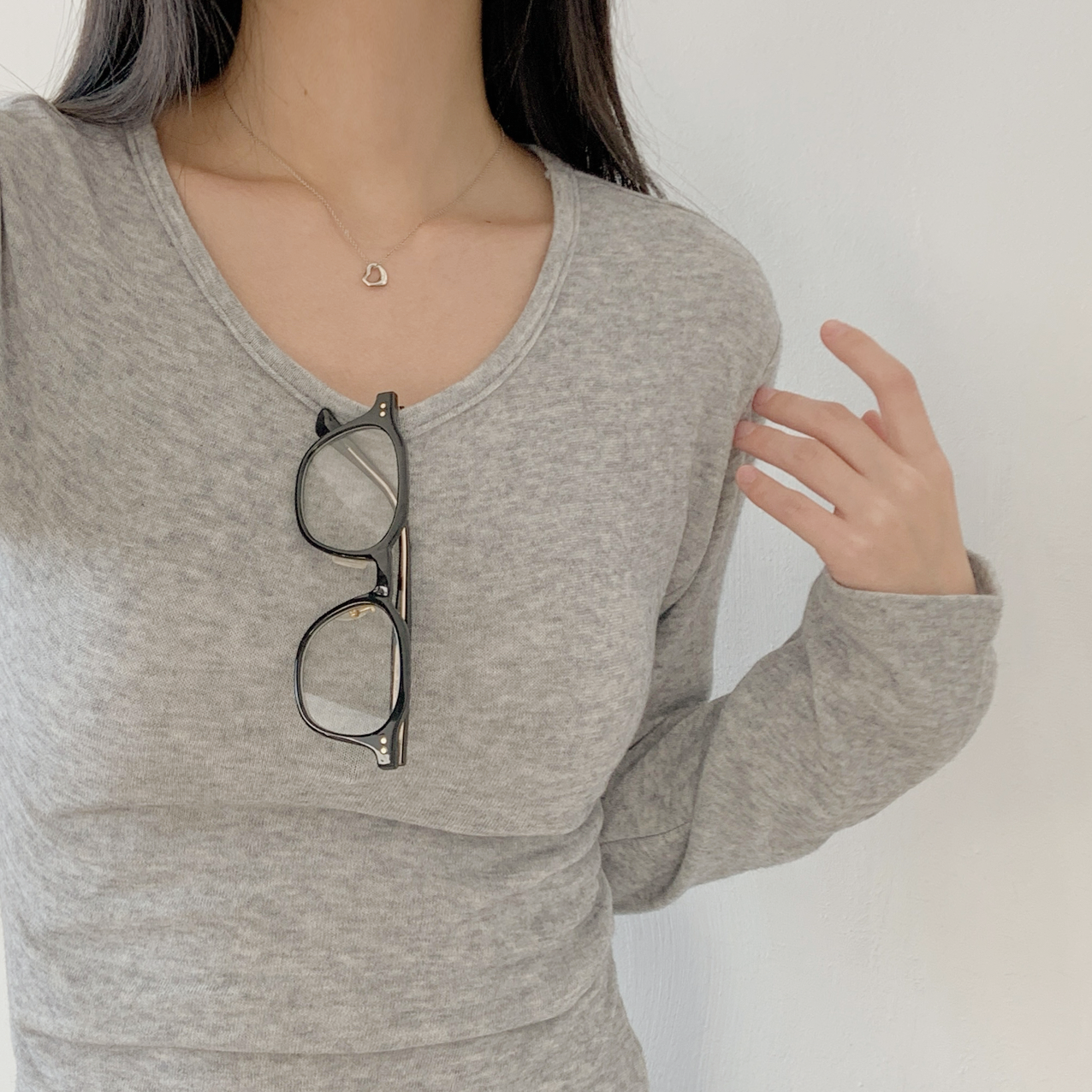 ウール混アンゴラ混Uネックシンプルベーシックスリム長袖無地Tシャツ | 詳細画像5