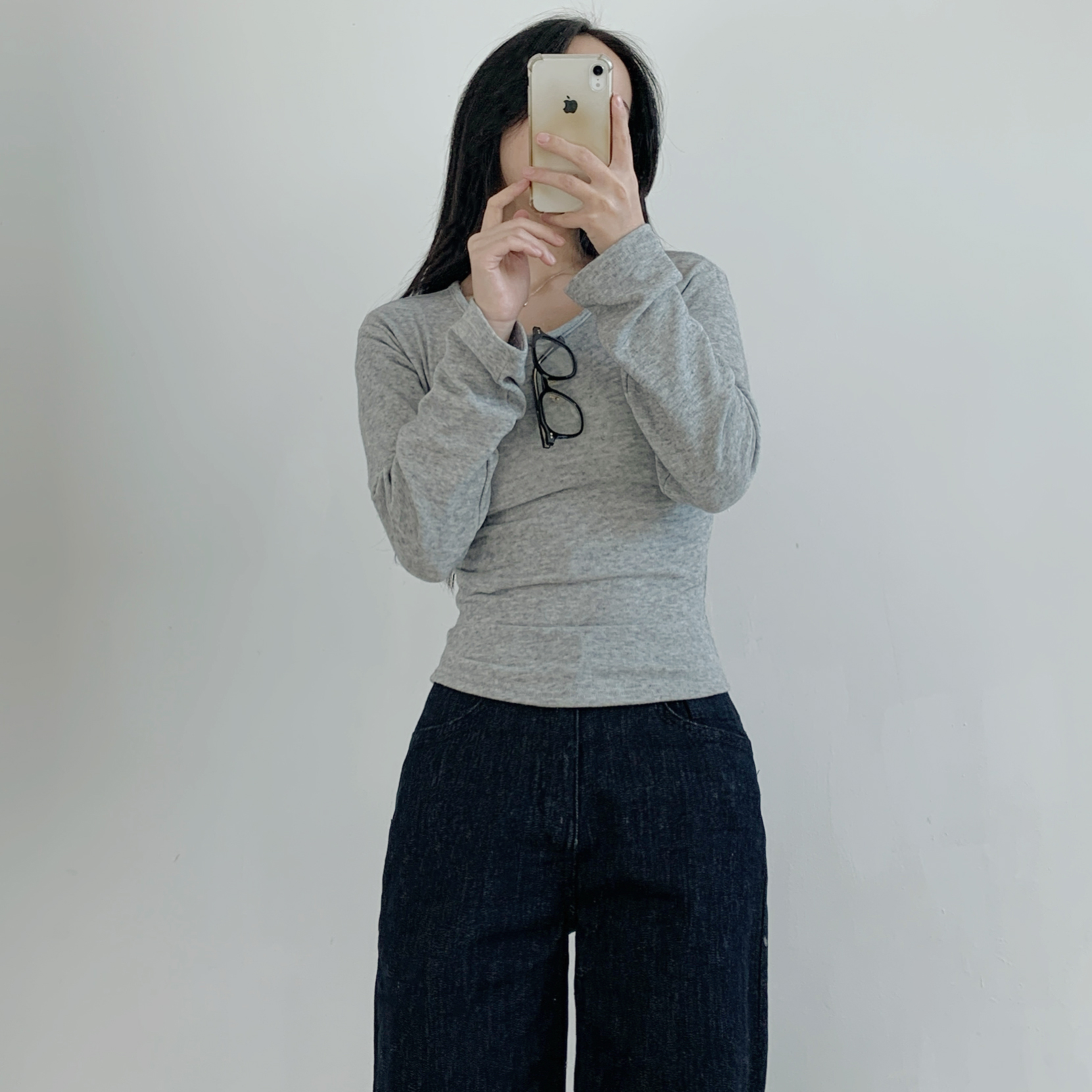 ウール混アンゴラ混Uネックシンプルベーシックスリム長袖無地Tシャツ | 詳細画像7