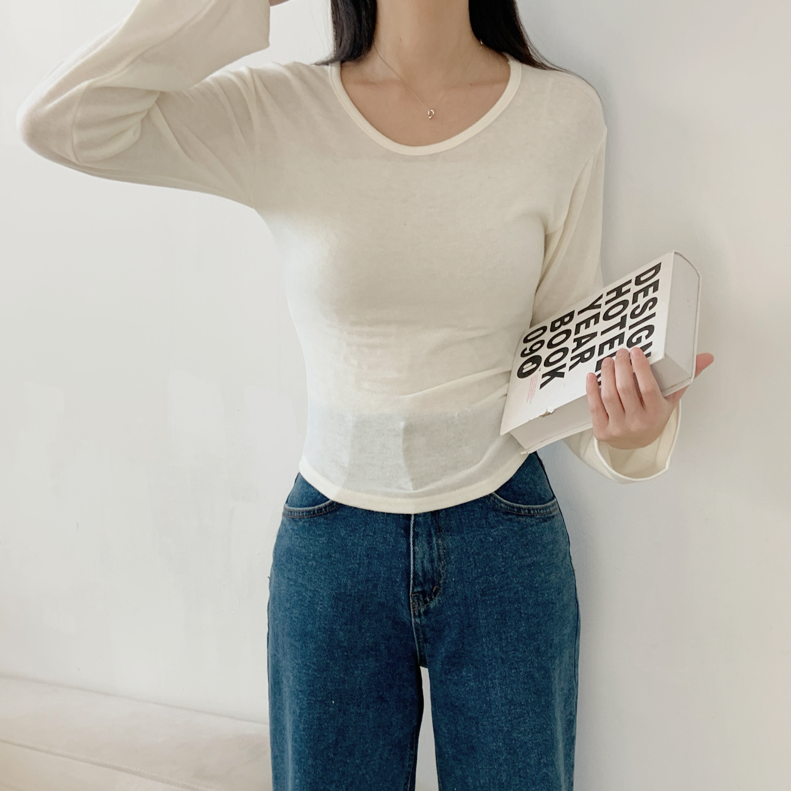 ウール混アンゴラ混Uネックシンプルベーシックスリム長袖無地Tシャツ | 詳細画像10