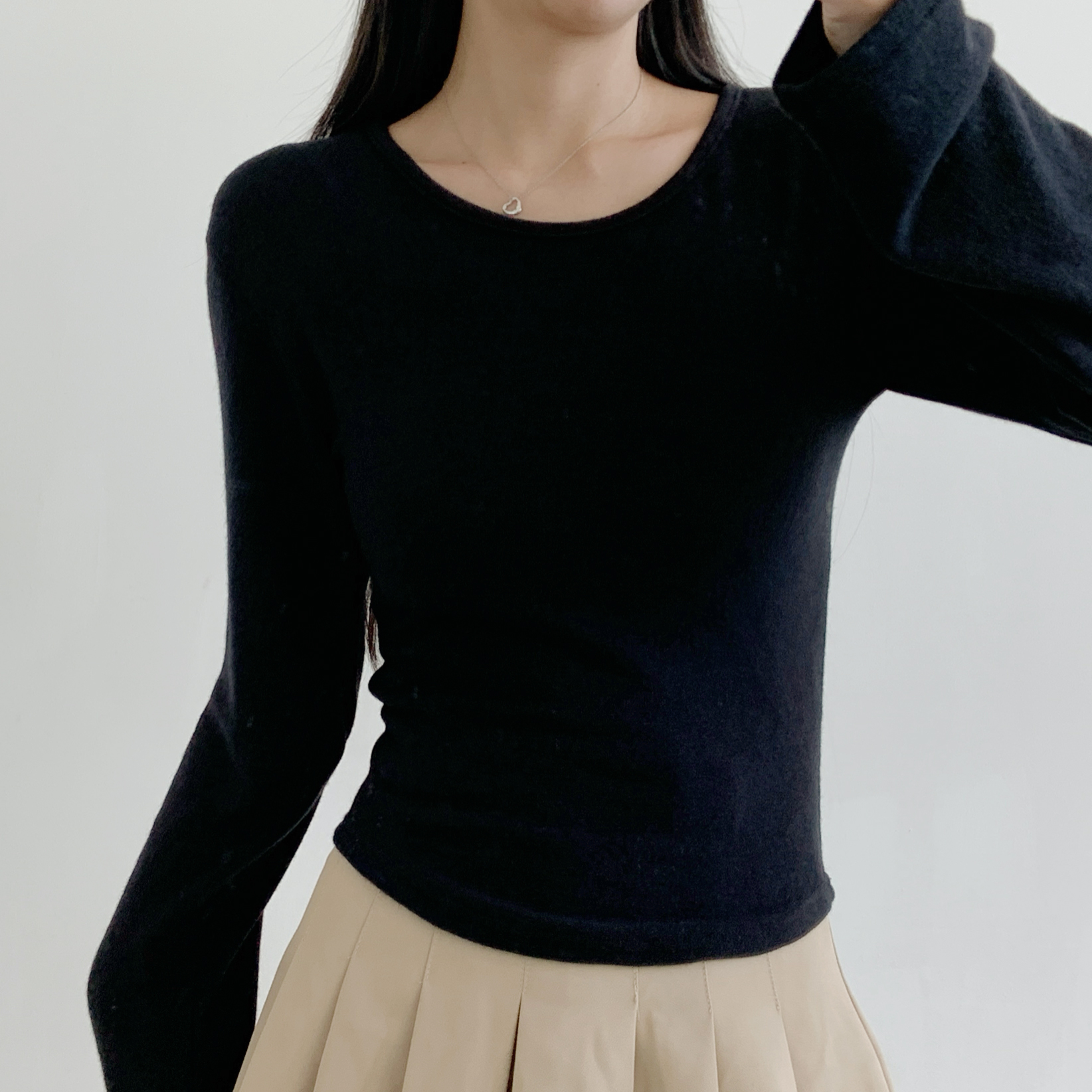 ウール混アンゴラ混Uネックシンプルベーシックスリム長袖無地Tシャツ | 詳細画像18