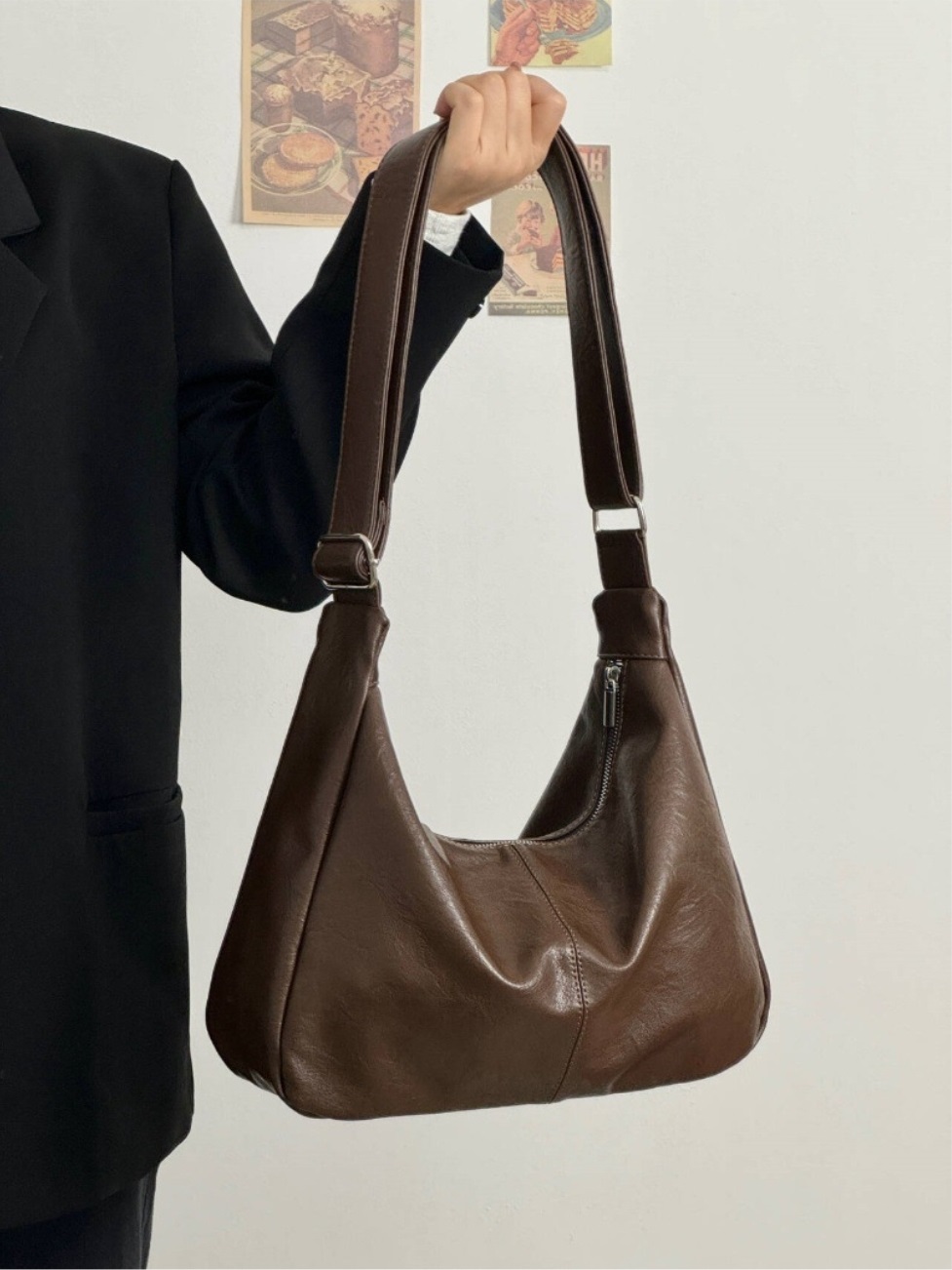 レザー調ラインベーシック無地ショルダーバッグ | 詳細画像5
