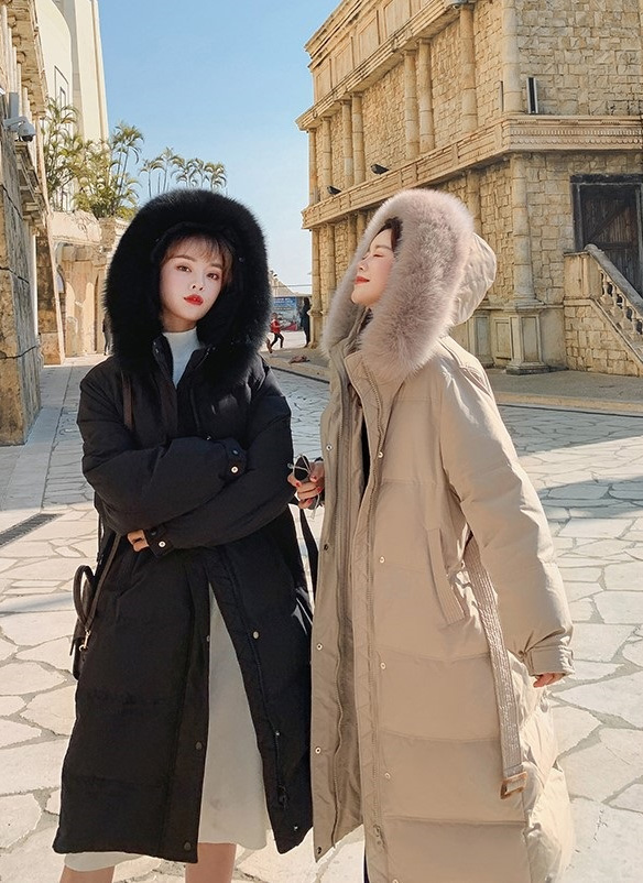 ダックダウンフードロングダウンジャケットベルト付 | レディース