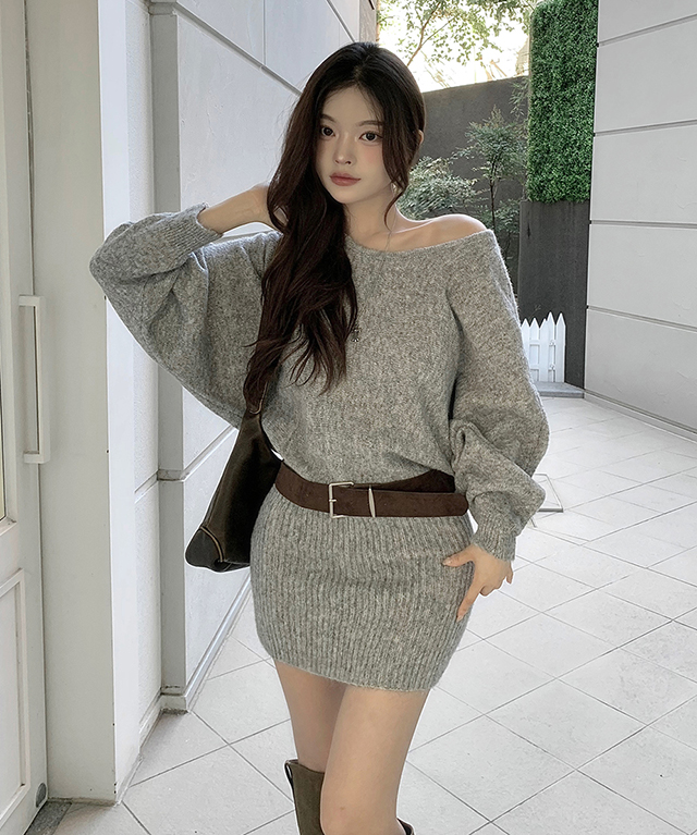 ベルト付ニットオフショルダーワンショルダー長袖ミニワンピース