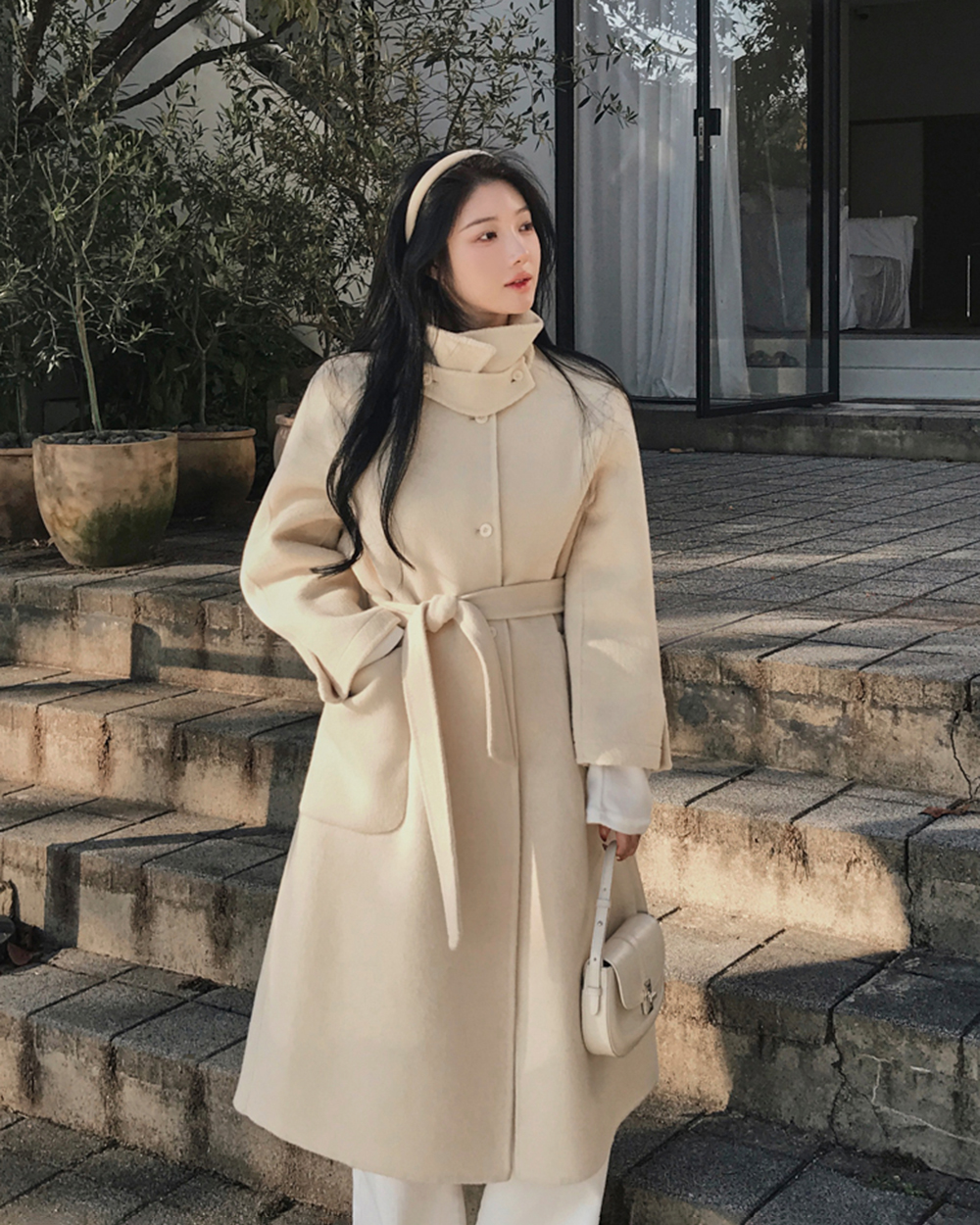 ウールカラーハイネックロングボタンポケットカラーコート