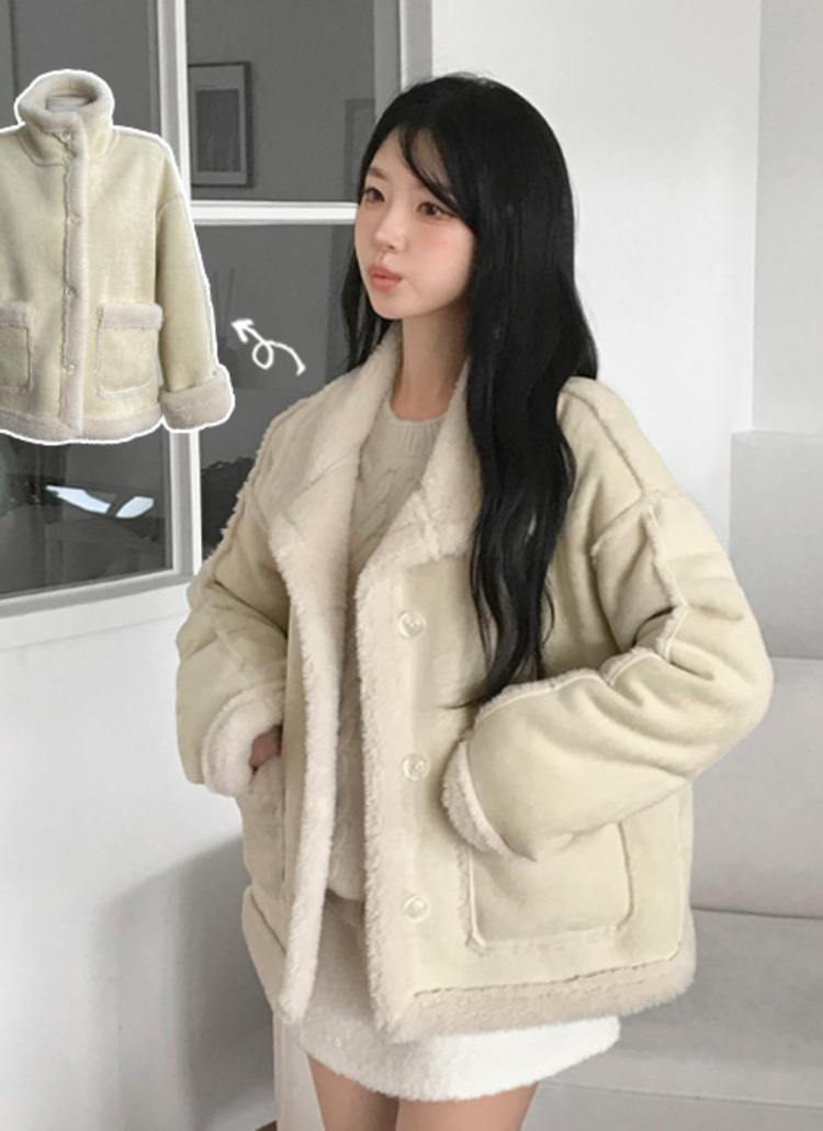 リバーシブル2WAYムートンカラーハイネックツーポケットルーズ