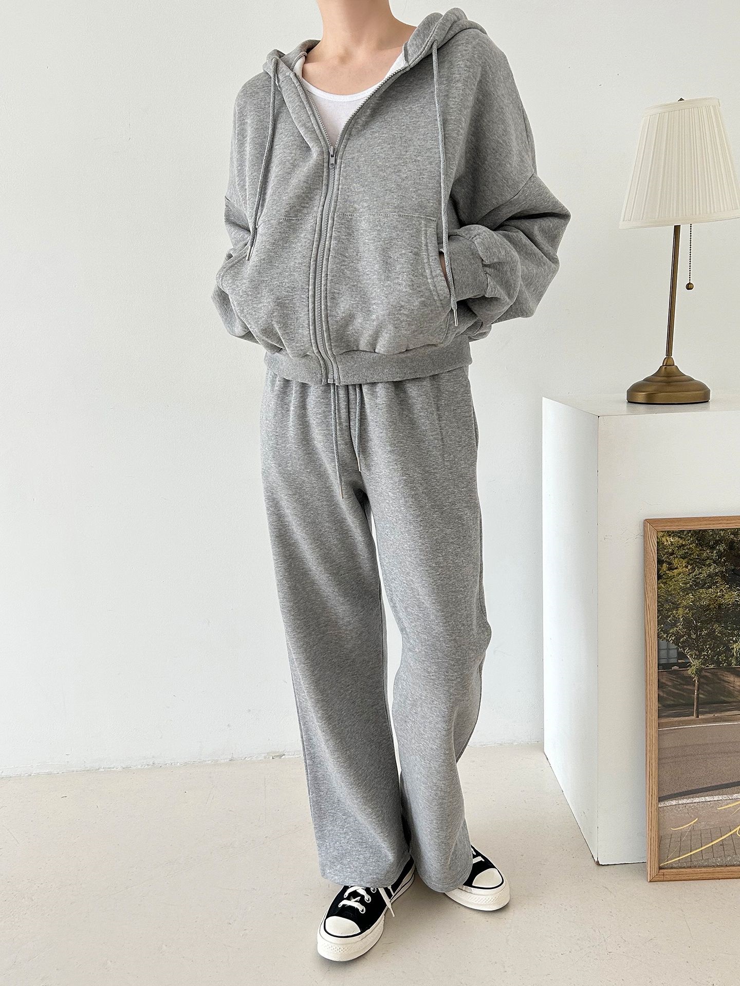 裏起毛ジップアップフードウエストゴム長袖ストレートワイドセットアップトレーニング | 詳細画像3