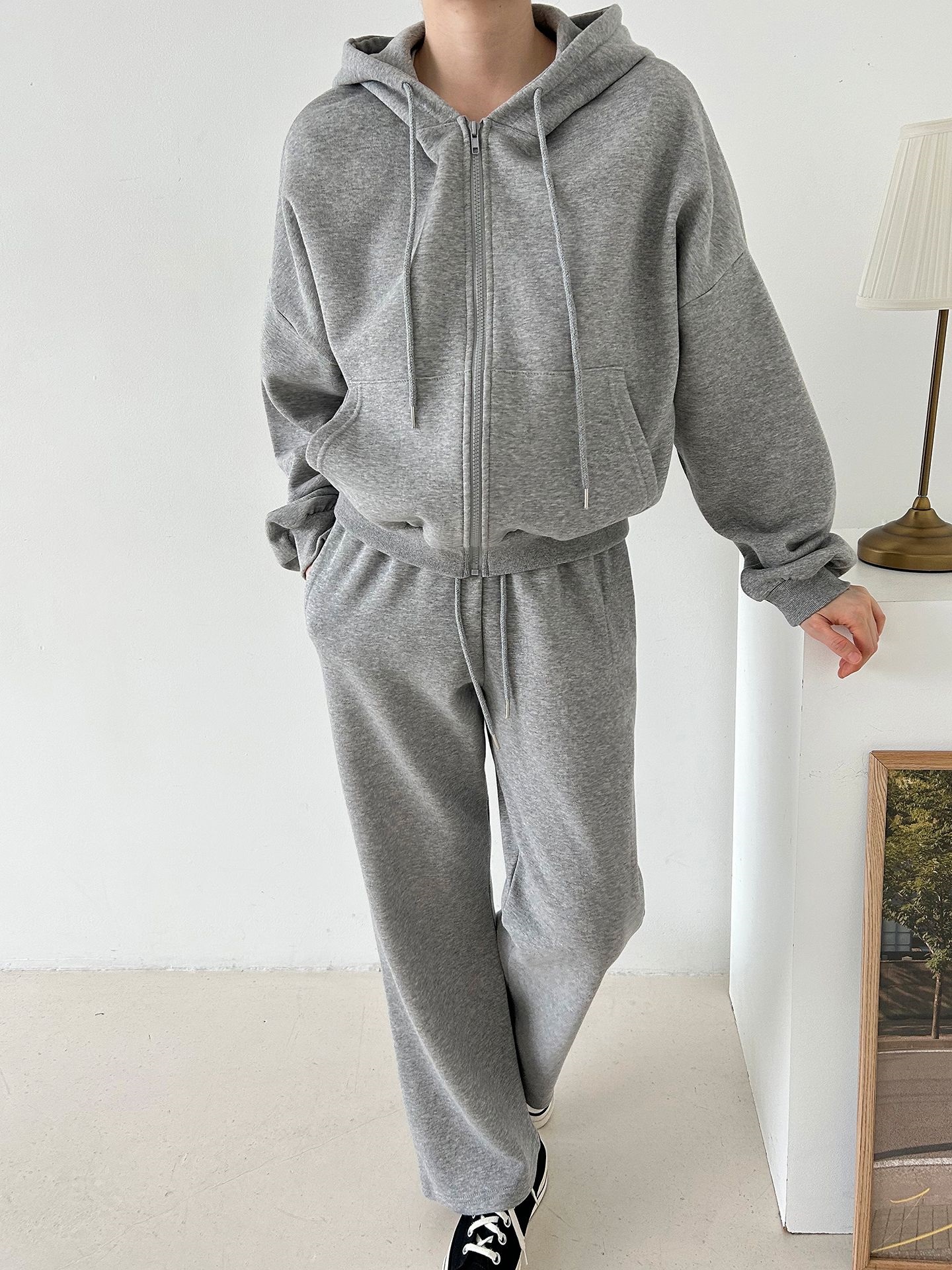 裏起毛ジップアップフードウエストゴム長袖ストレートワイドセットアップトレーニング | 詳細画像6