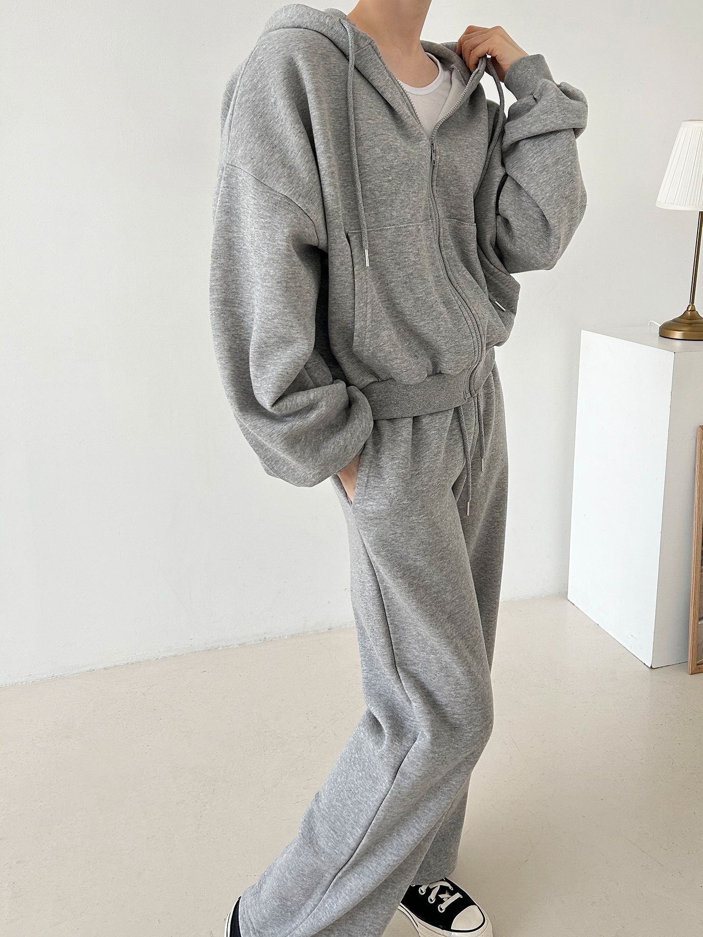 裏起毛ジップアップフードウエストゴム長袖ストレートワイドセットアップトレーニング | 詳細画像8