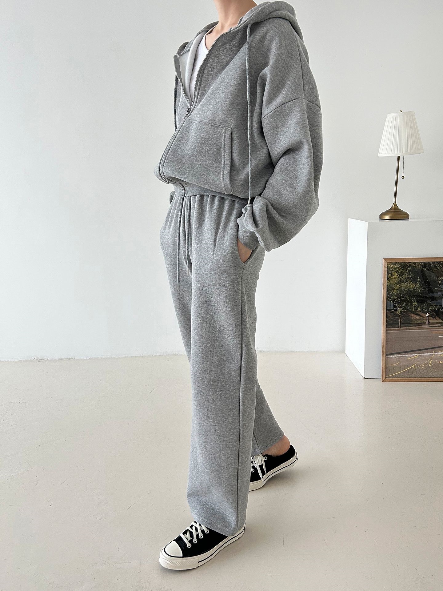 裏起毛ジップアップフードウエストゴム長袖ストレートワイドセットアップトレーニング | 詳細画像10