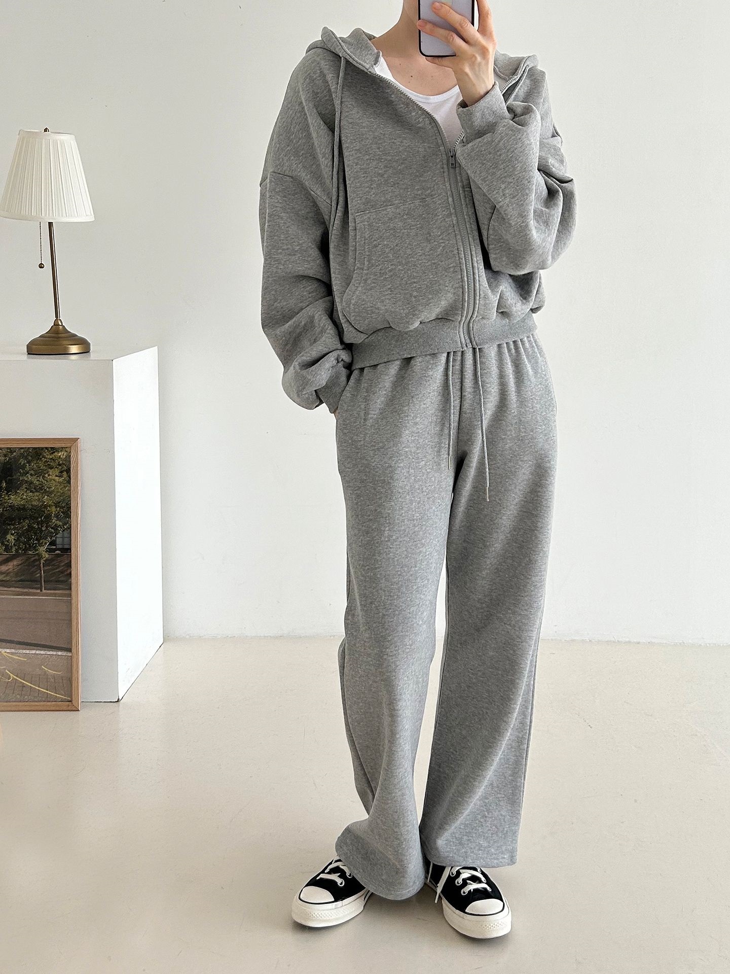 裏起毛ジップアップフードウエストゴム長袖ストレートワイドセットアップトレーニング | 詳細画像11