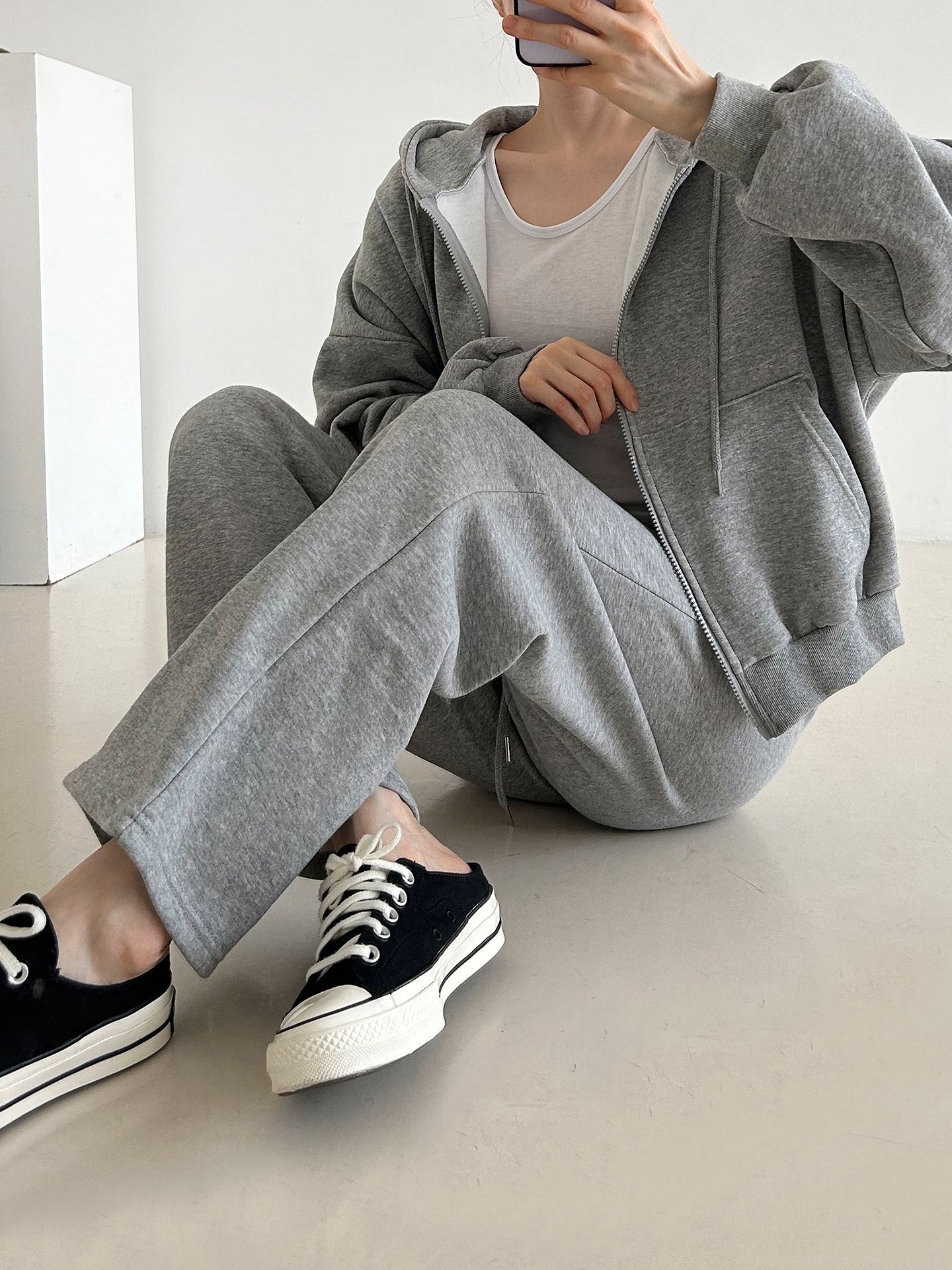 裏起毛ジップアップフードウエストゴム長袖ストレートワイドセットアップトレーニング | 詳細画像14