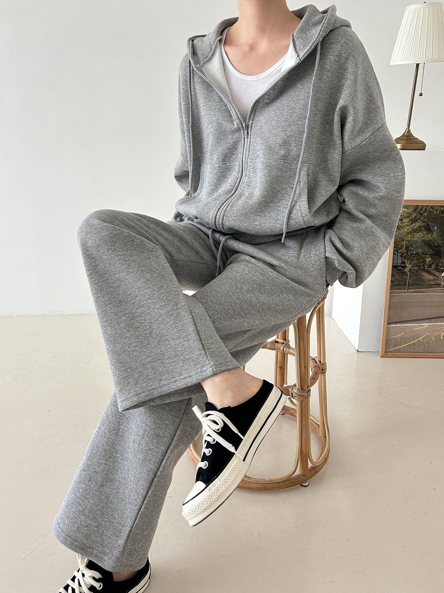 裏起毛ジップアップフードウエストゴム長袖ストレートワイドセットアップトレーニング | 詳細画像15