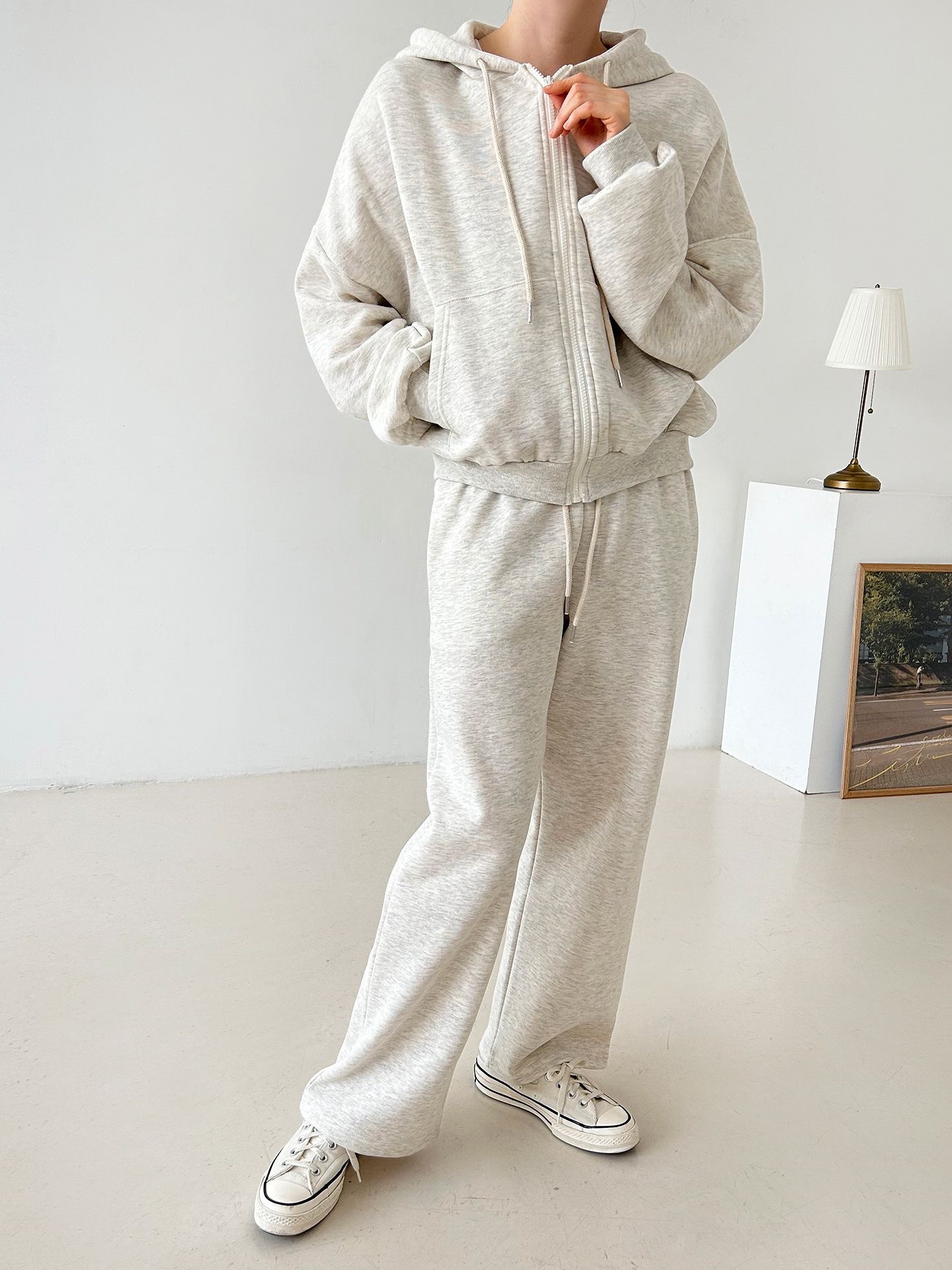 裏起毛ジップアップフードウエストゴム長袖ストレートワイドセットアップトレーニング | 詳細画像17