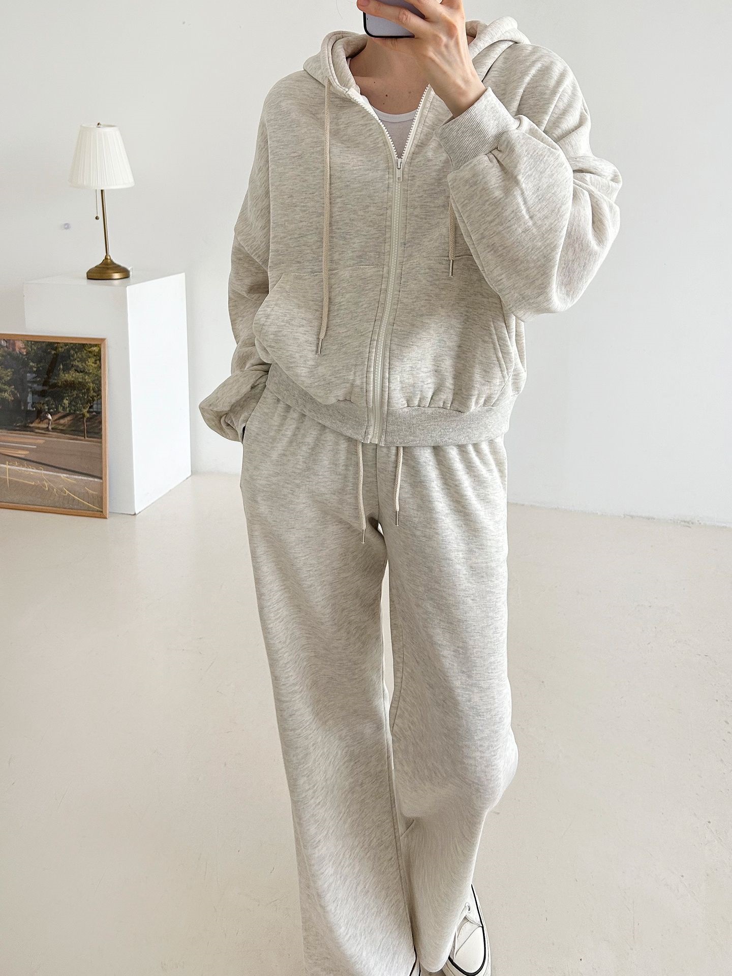 裏起毛ジップアップフードウエストゴム長袖ストレートワイドセットアップトレーニング | 詳細画像21