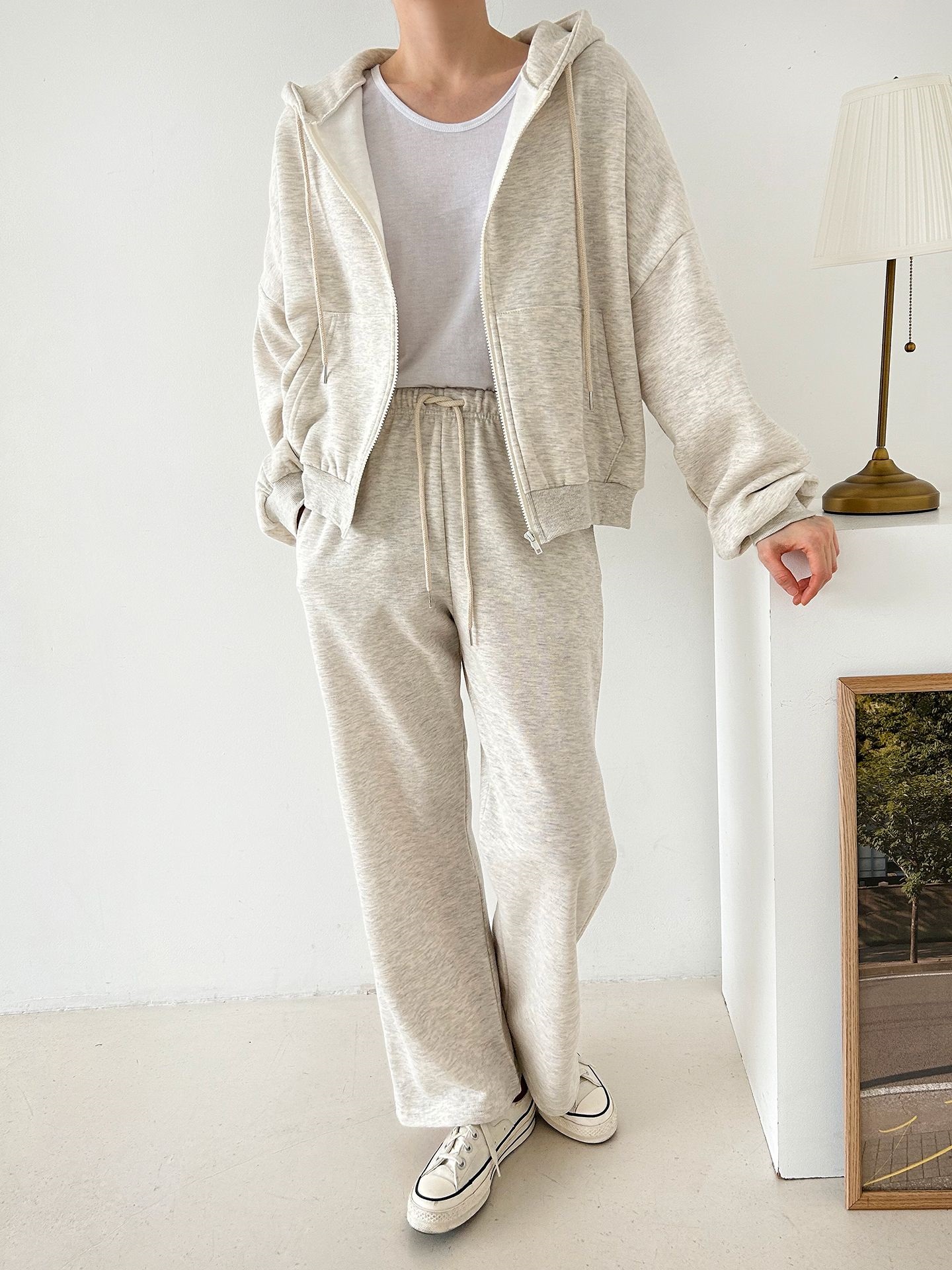 裏起毛ジップアップフードウエストゴム長袖ストレートワイドセットアップトレーニング | 詳細画像22