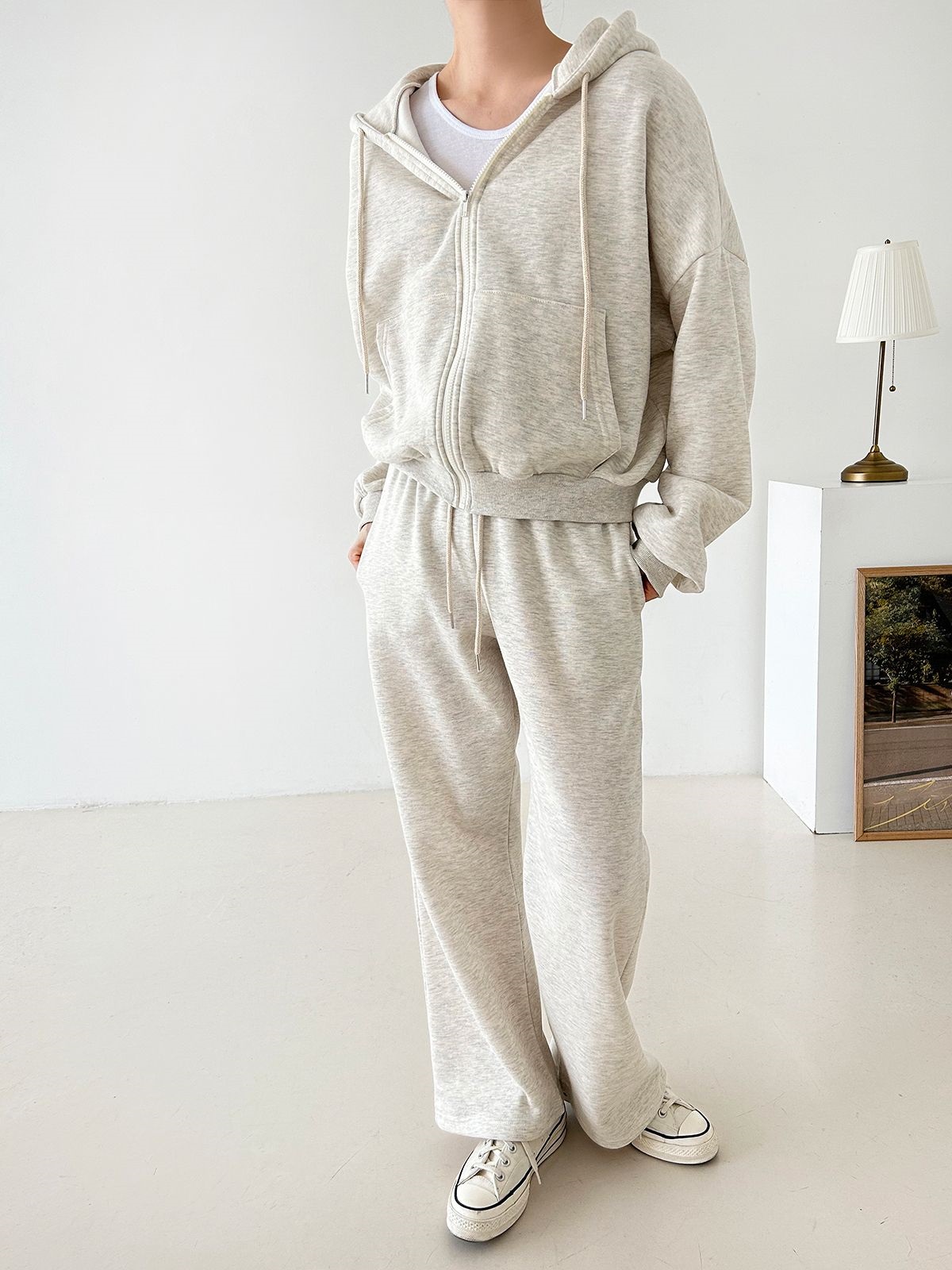 裏起毛ジップアップフードウエストゴム長袖ストレートワイドセットアップトレーニング | 詳細画像23