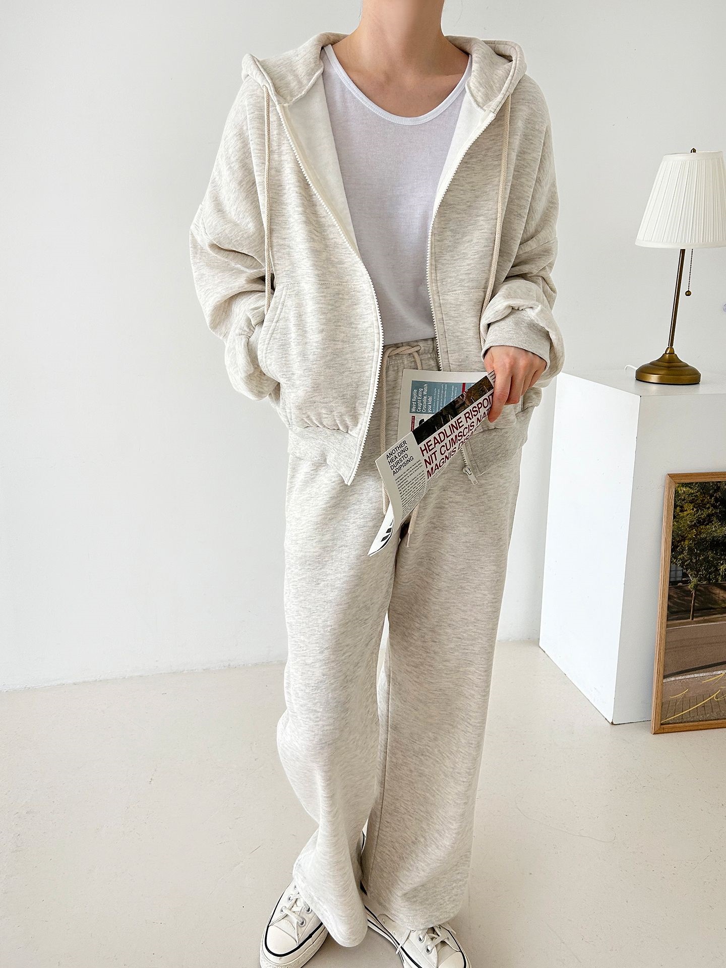 裏起毛ジップアップフードウエストゴム長袖ストレートワイドセットアップトレーニング | 詳細画像24