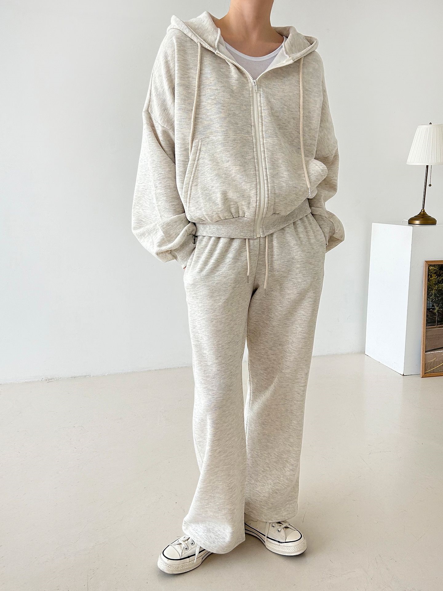 裏起毛ジップアップフードウエストゴム長袖ストレートワイドセットアップトレーニング | 詳細画像25