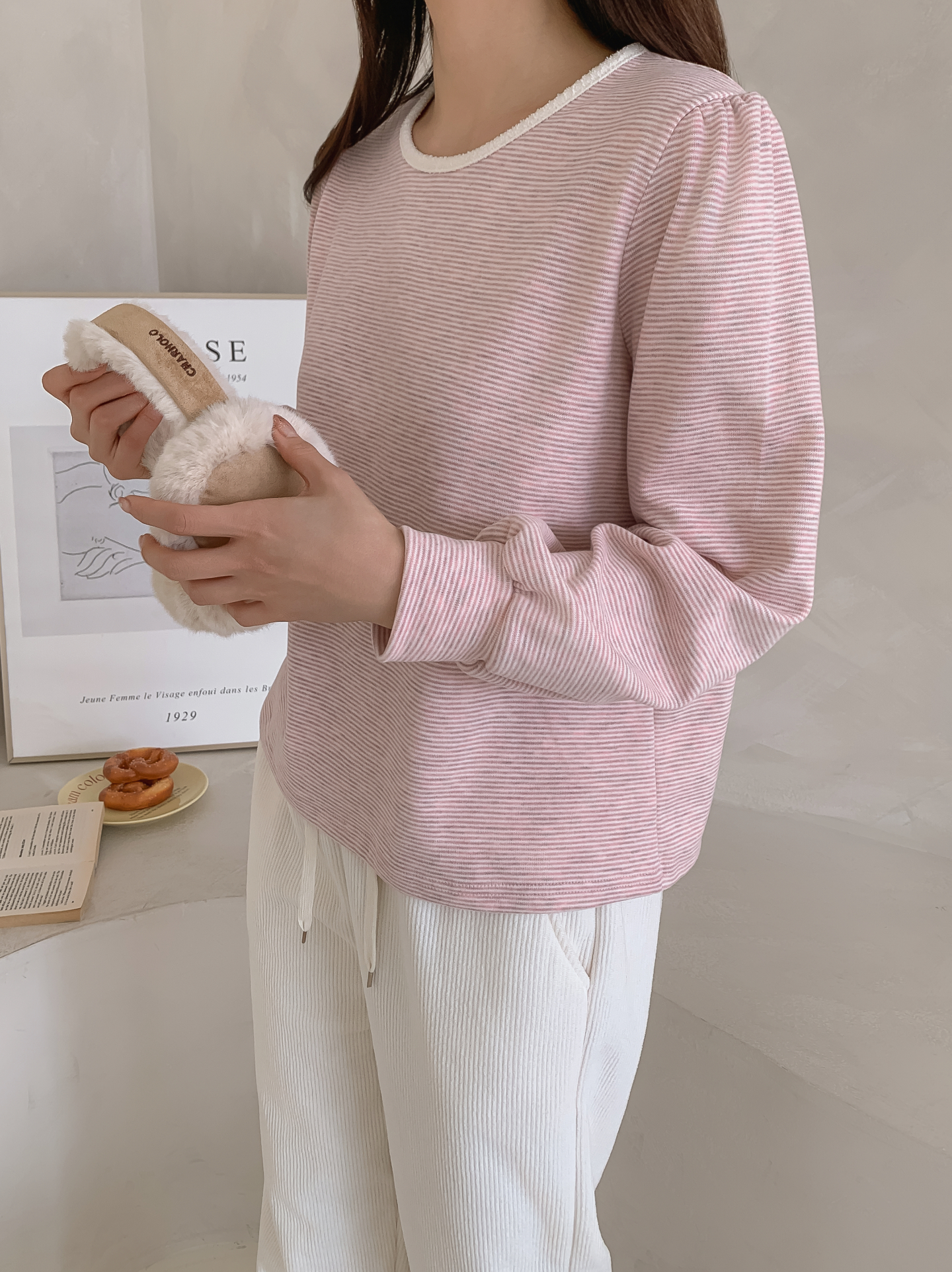 ソフトラウンドネック長袖ボーダー配色Tシャツニット | 詳細画像2